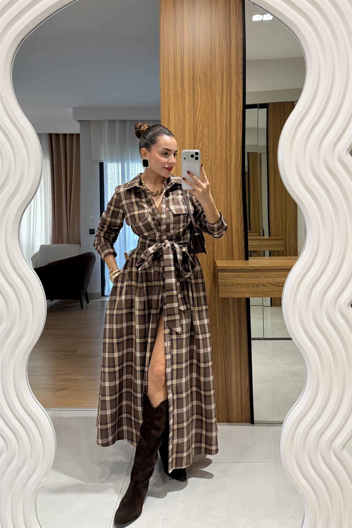 Flexi Kahve Ekose Kuşaklı Elbise