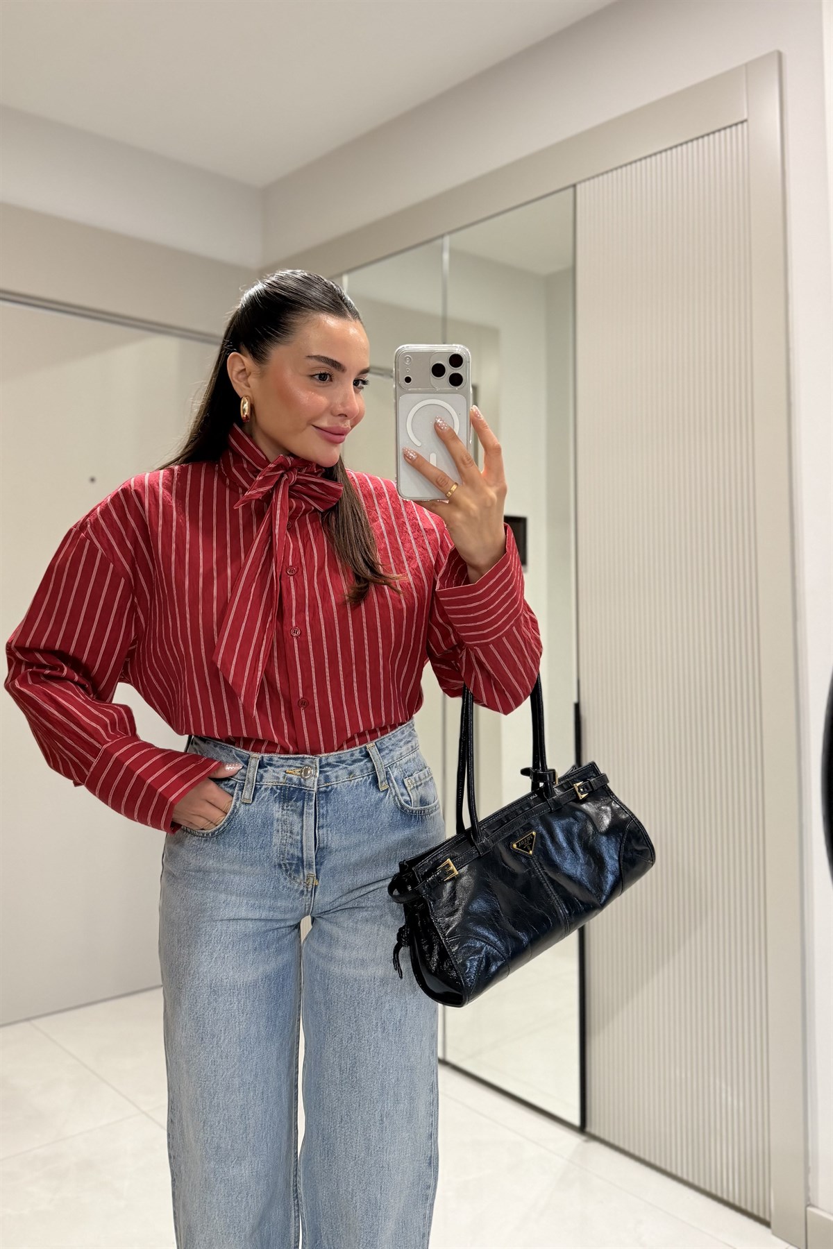 Flexy Kırmızı Bağlamalı Çizgili Gömlek