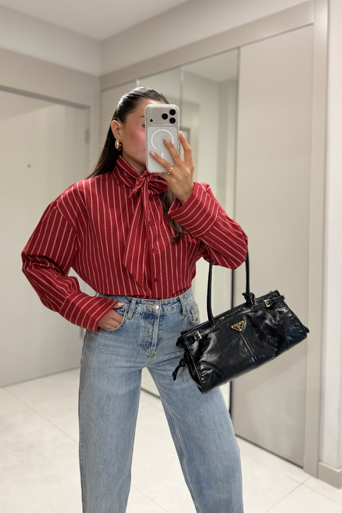 Flexy Kırmızı Bağlamalı Çizgili Gömlek