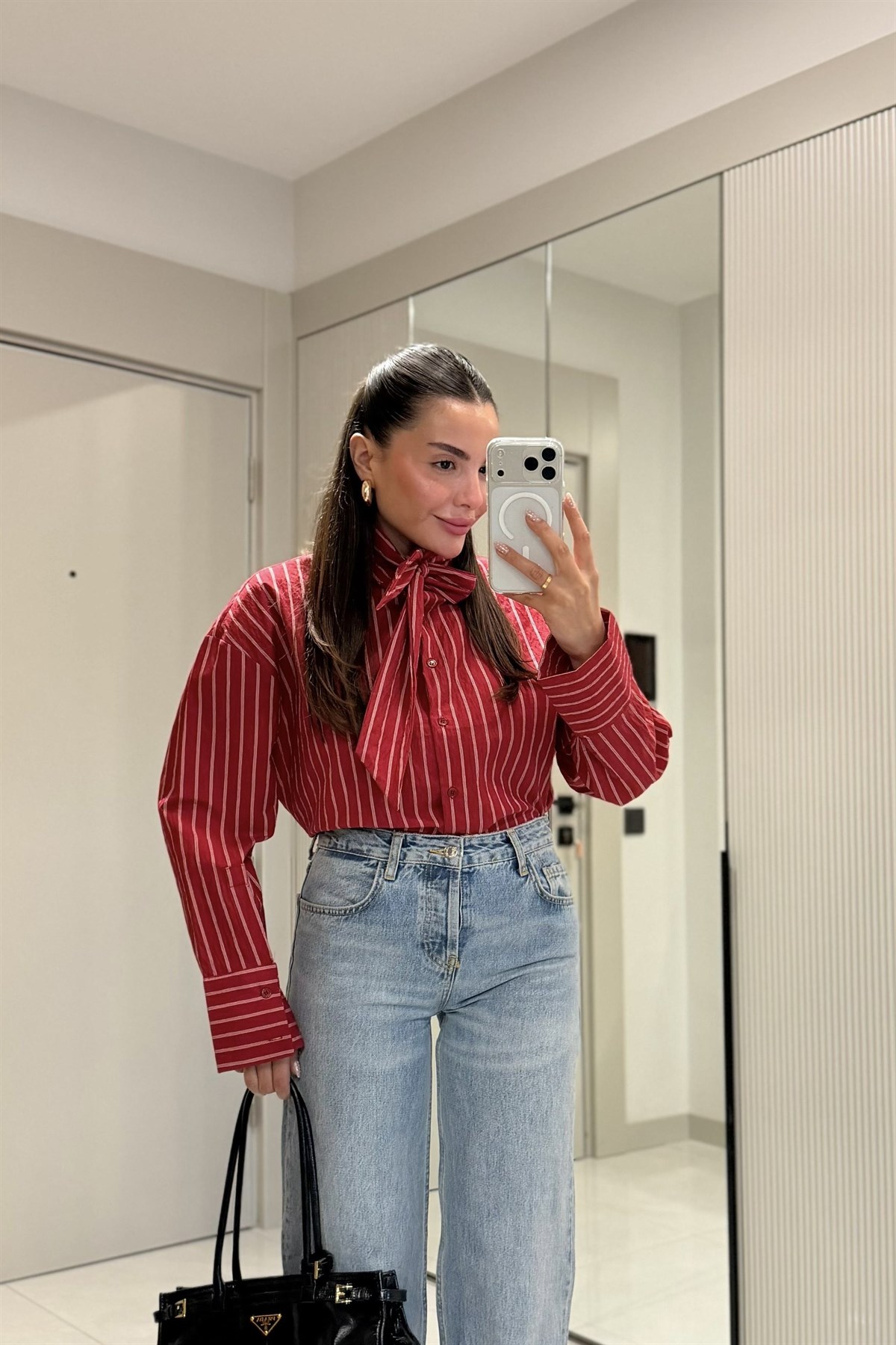 Flexy Kırmızı Bağlamalı Çizgili Gömlek