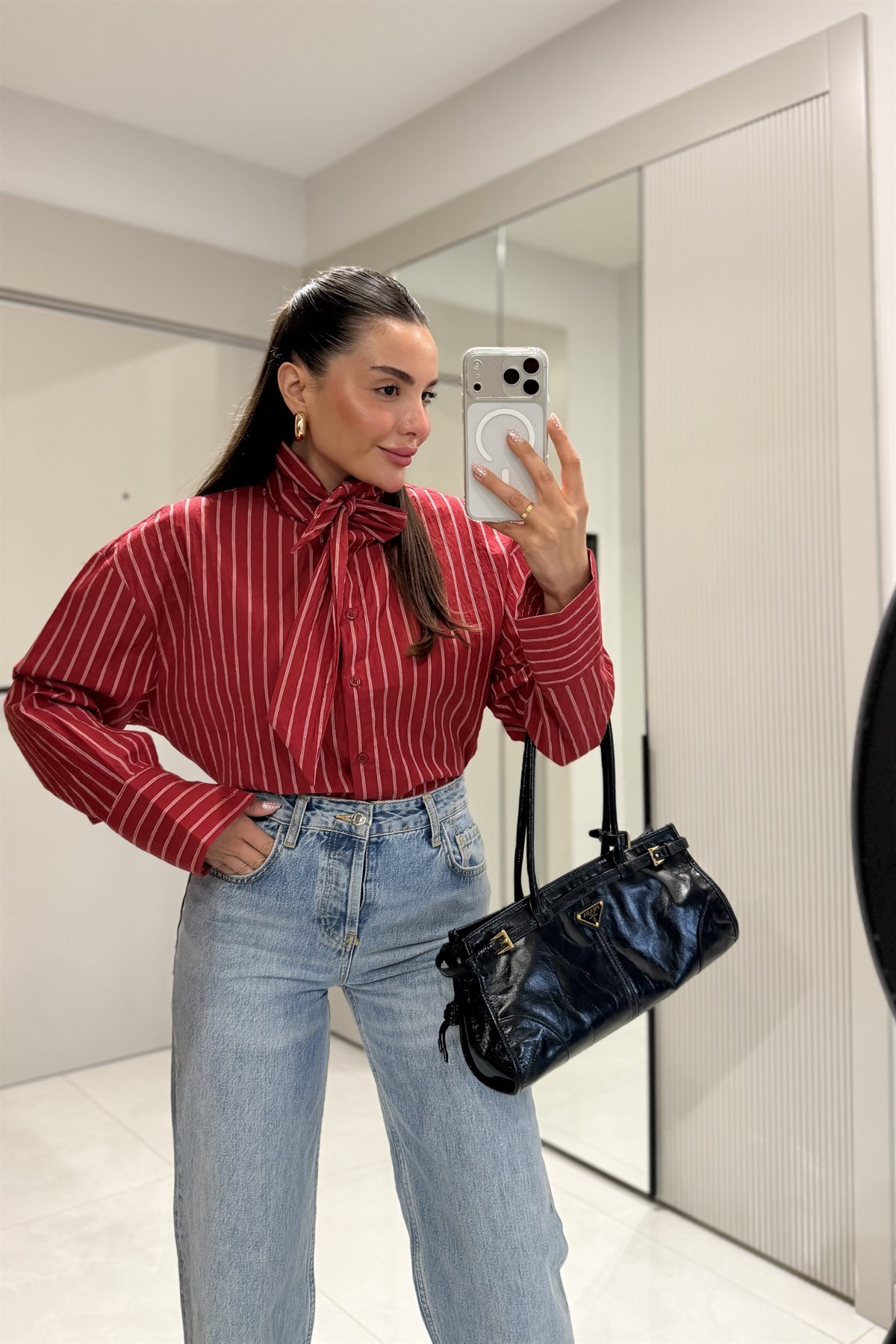 Flexy Kırmızı Bağlamalı Çizgili Gömlek