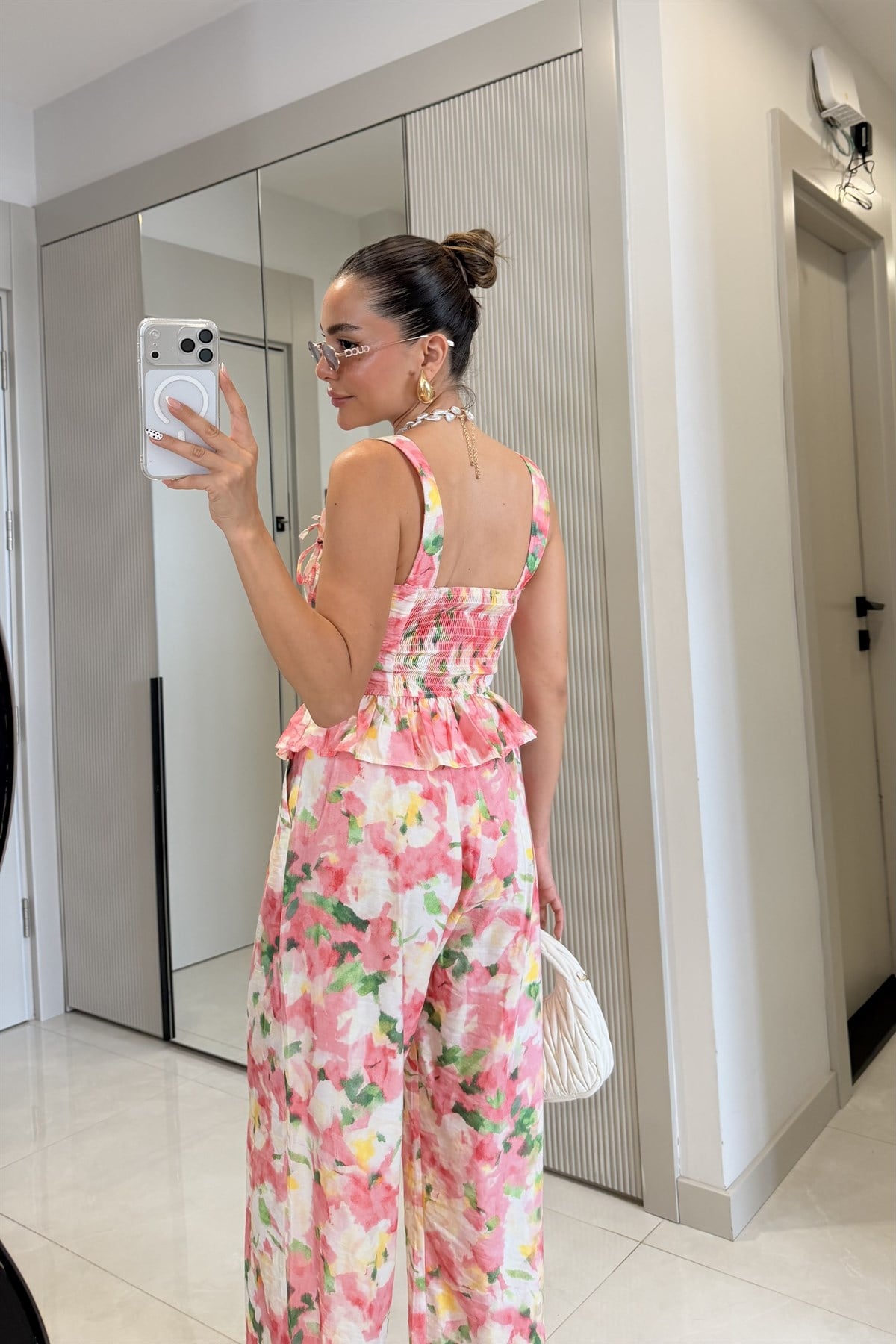 Floral Pembe Çiçek Desenli Korse Büstiyer