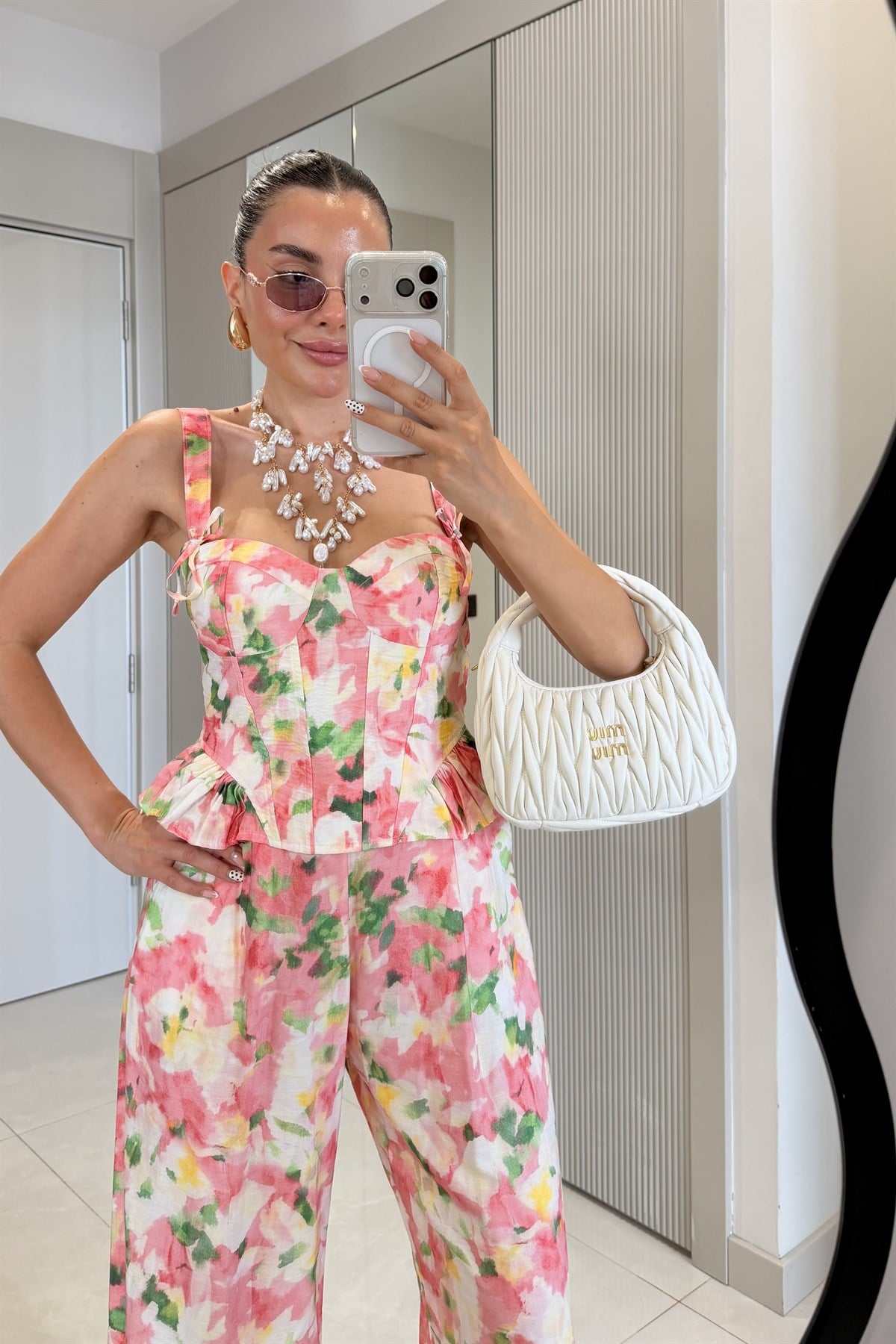Floral Pembe Çiçek Desenli Korse Büstiyer
