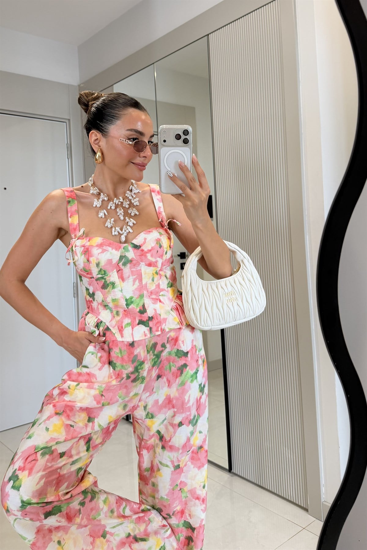 Floral Pembe Çiçek Desenli Korse Büstiyer