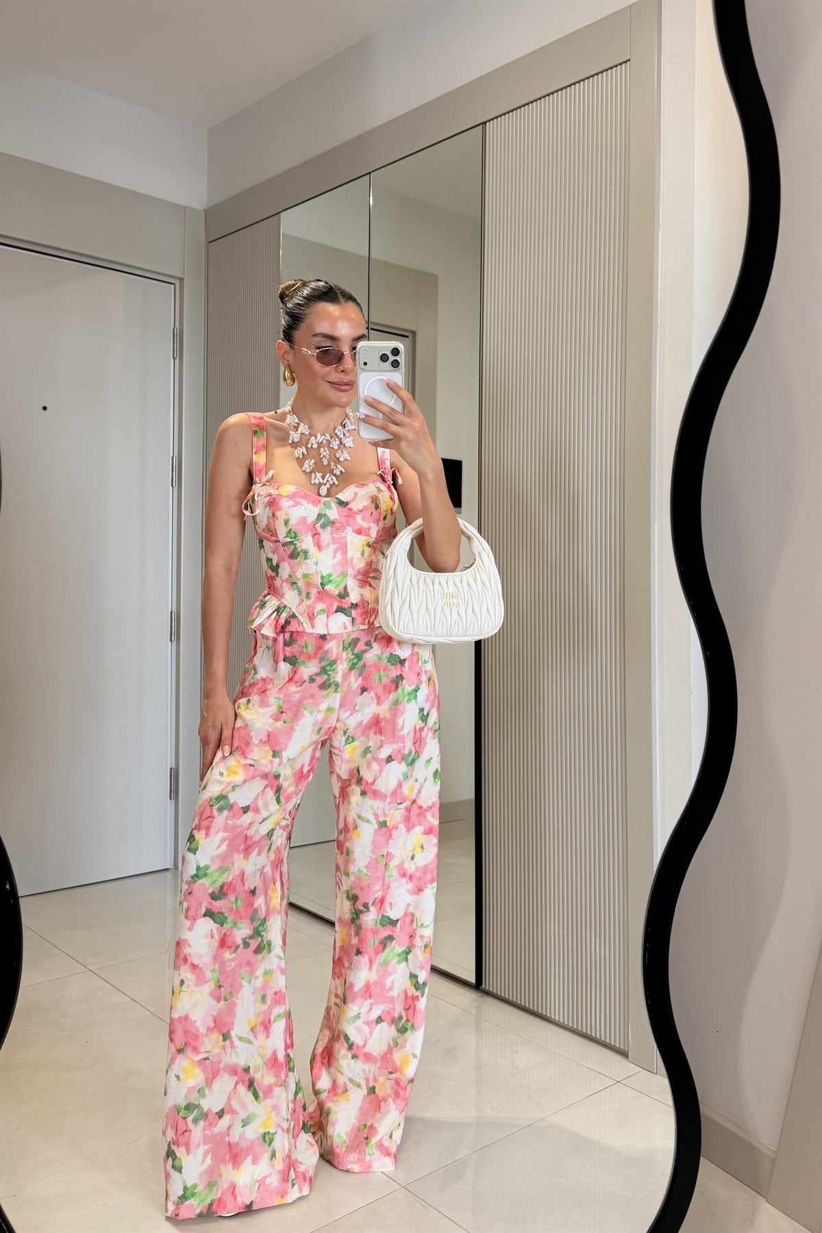 Floral Pembe Çiçek Desenli Pantolon