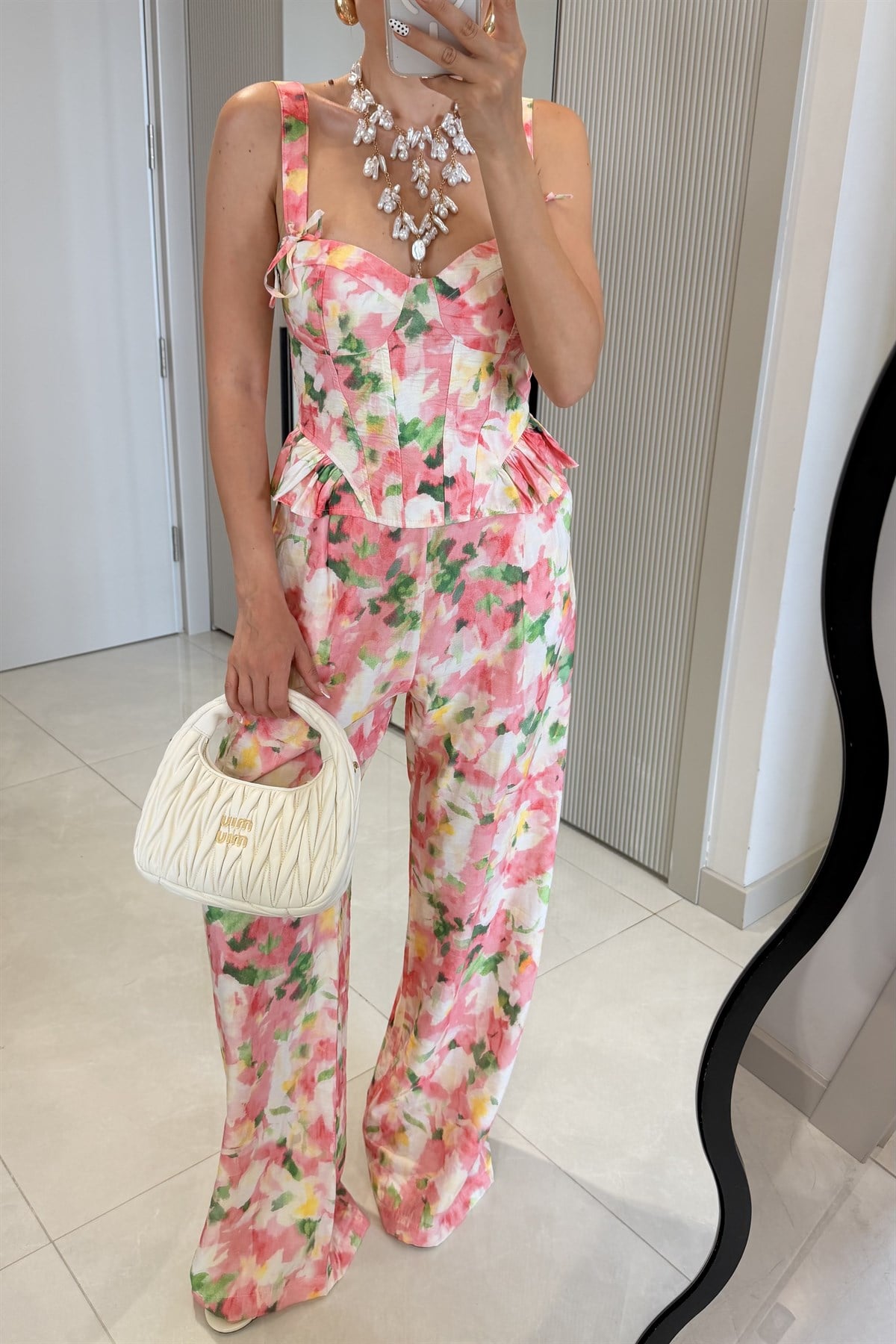 Floral Pembe Çiçek Desenli Pantolon