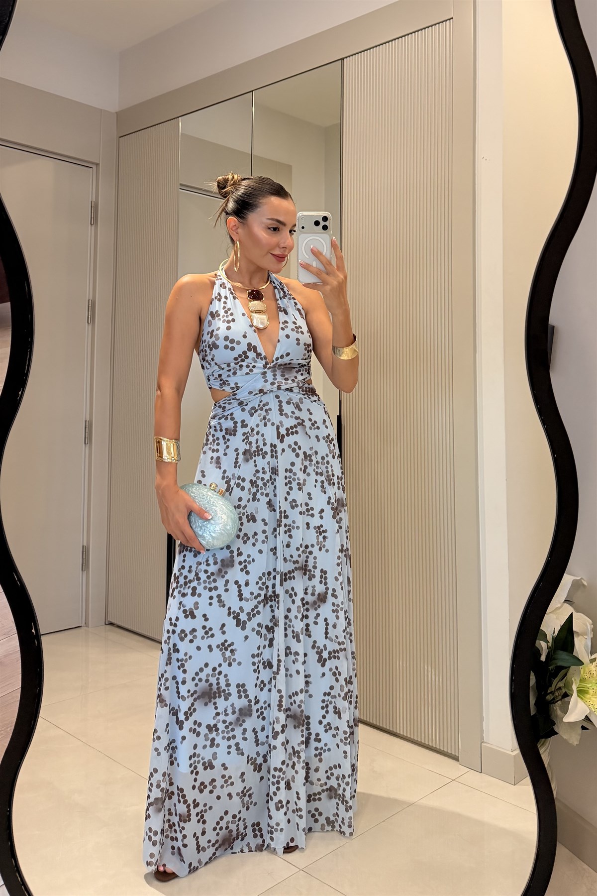 Florence Mavi Noktalı Desen Sırt Dekolteli Maxi Elbise