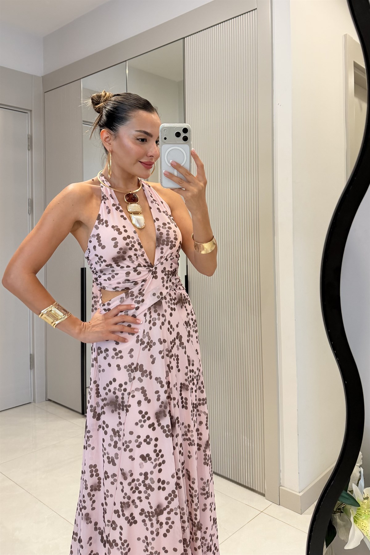 Florence Pembe Noktalı Desen Sırt Dekolteli Maxi Elbise