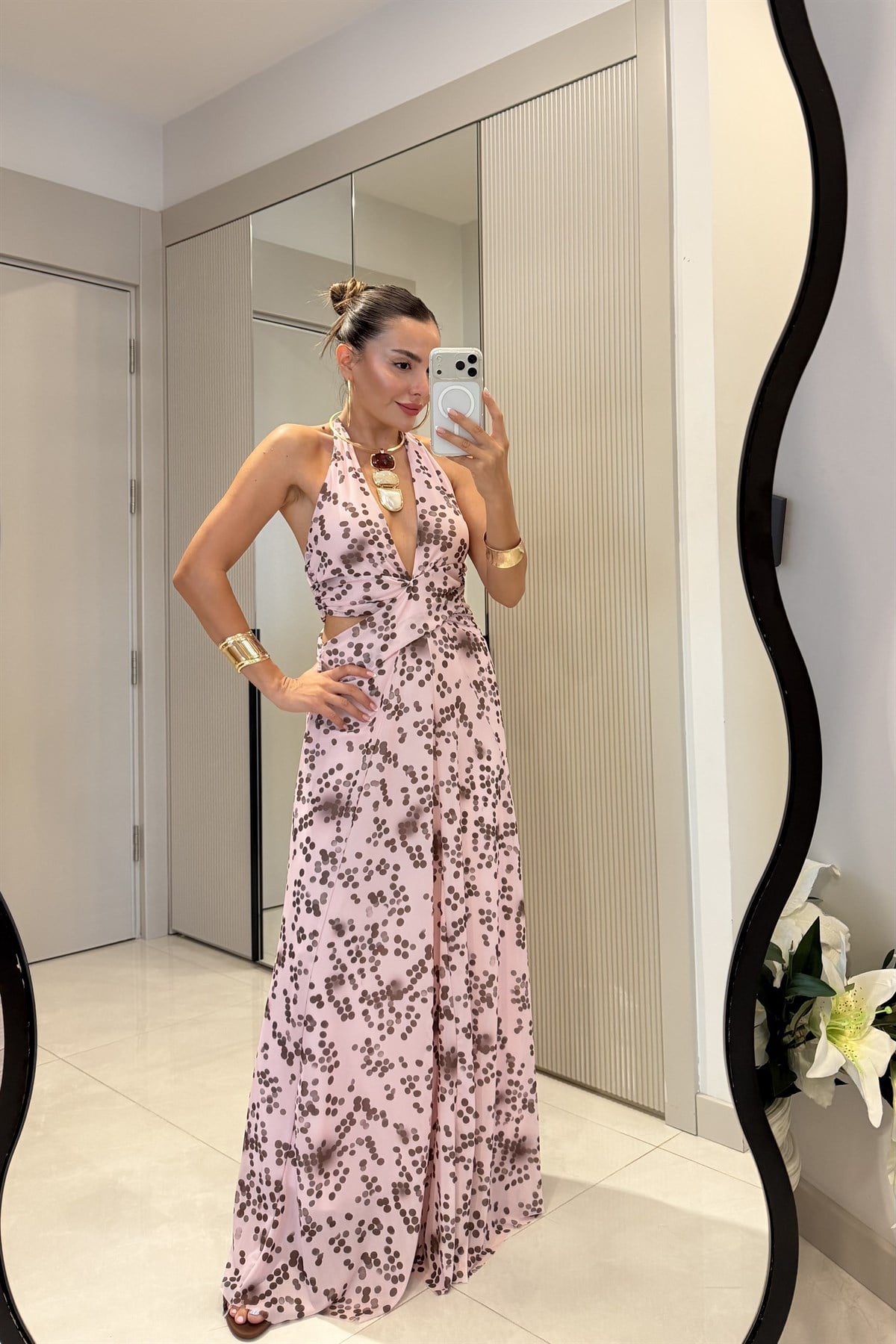 Florence Pembe Noktalı Desen Sırt Dekolteli Maxi Elbise