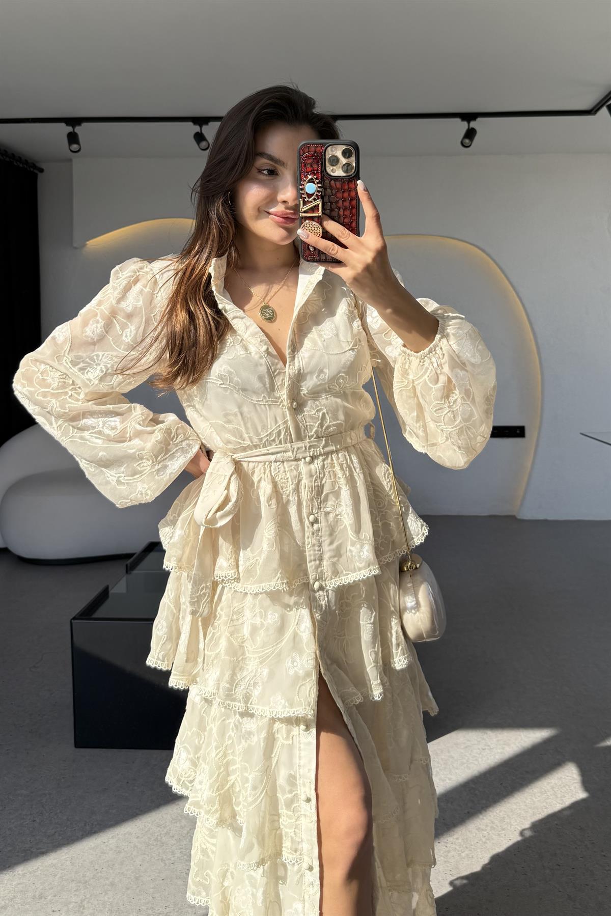 Floresta Bej Tasarım Kat Kat Elbise 