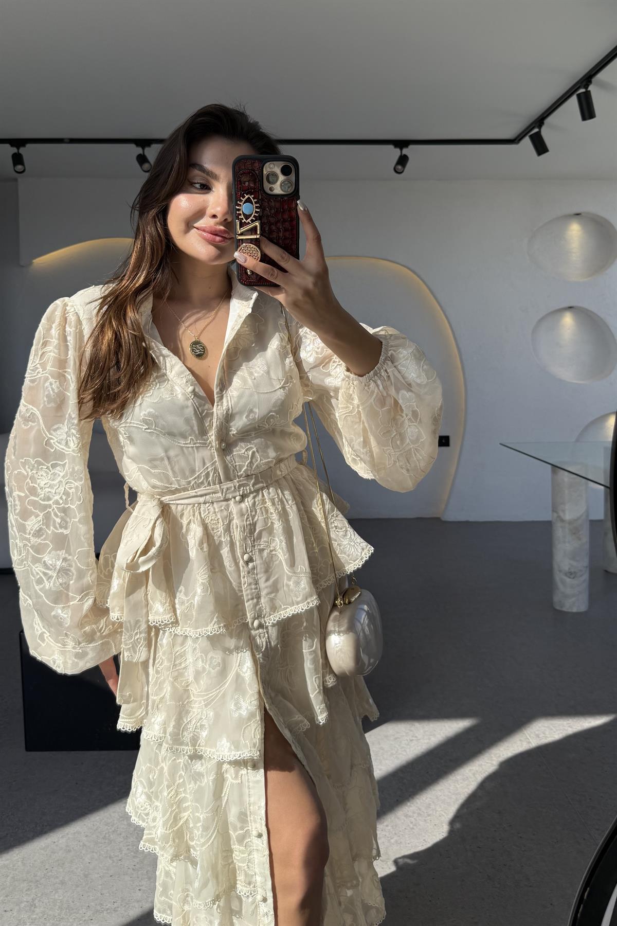 Floresta Bej Tasarım Kat Kat Elbise 