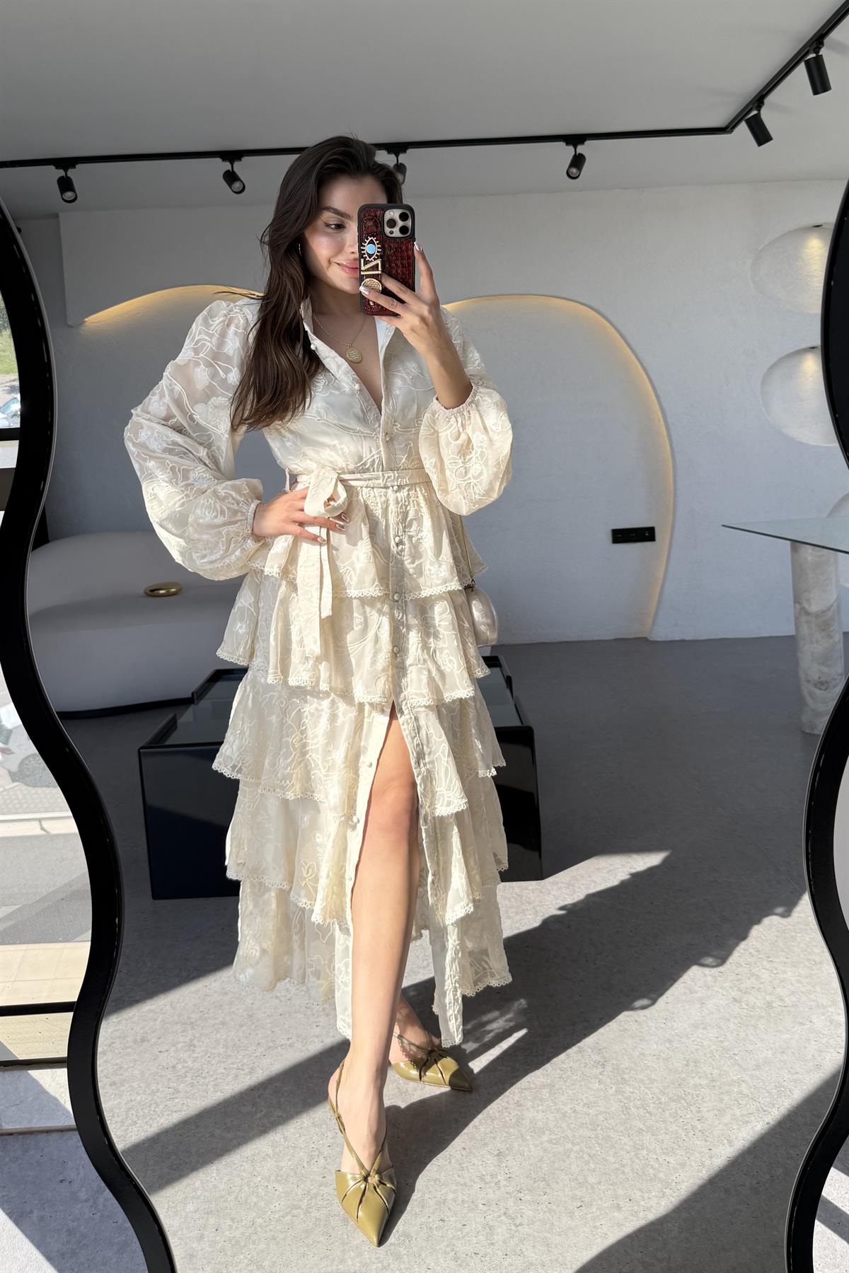 Floresta Bej Tasarım Kat Kat Elbise 