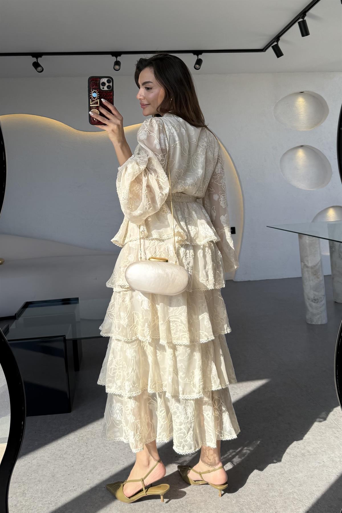 Floresta Bej Tasarım Kat Kat Elbise 