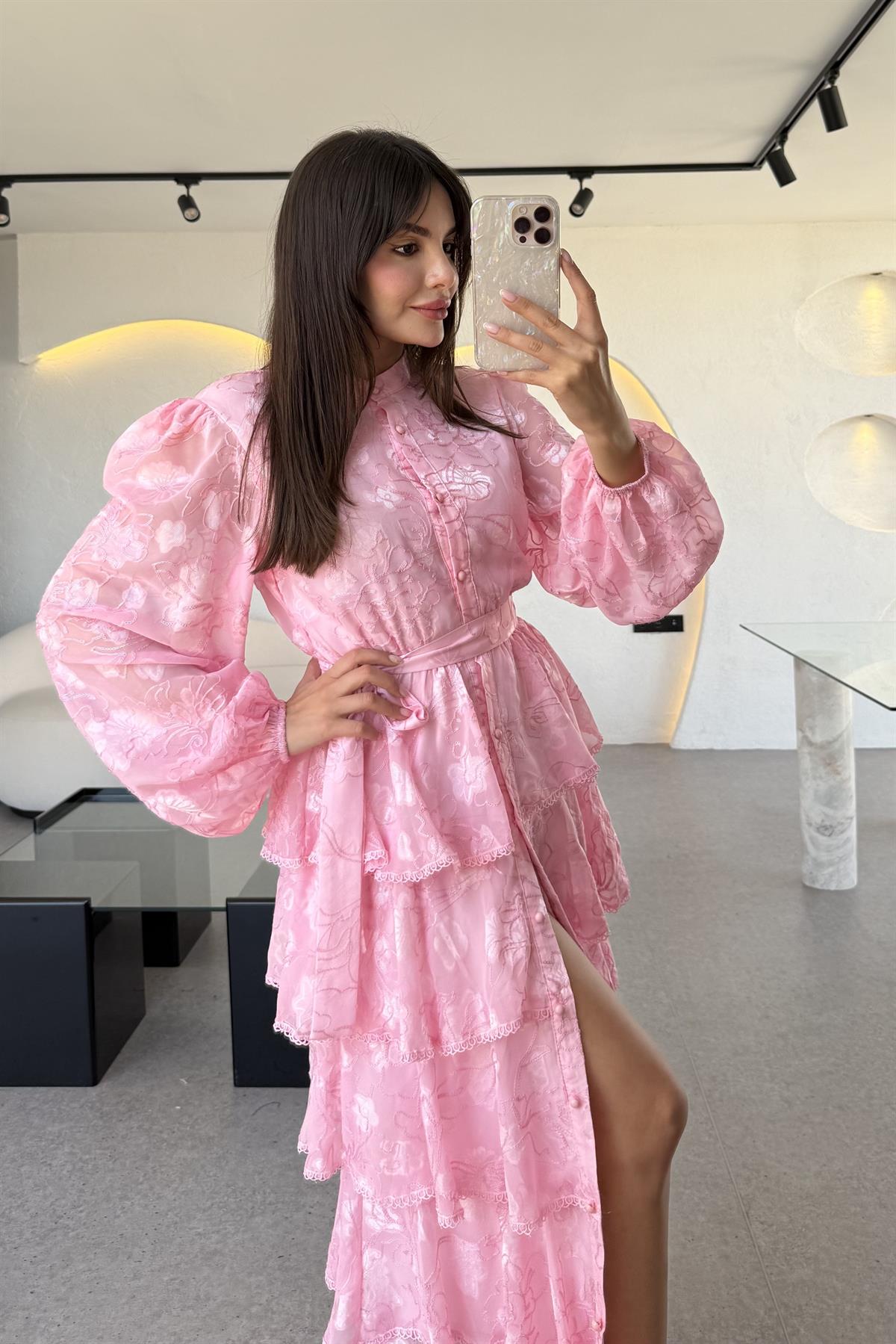 Floresta Pembe Tasarım Kat Kat Elbise 