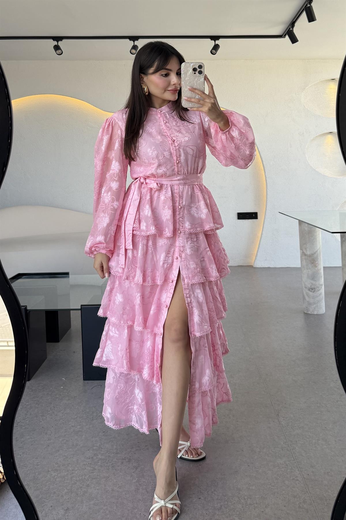 Floresta Pembe Tasarım Kat Kat Elbise 