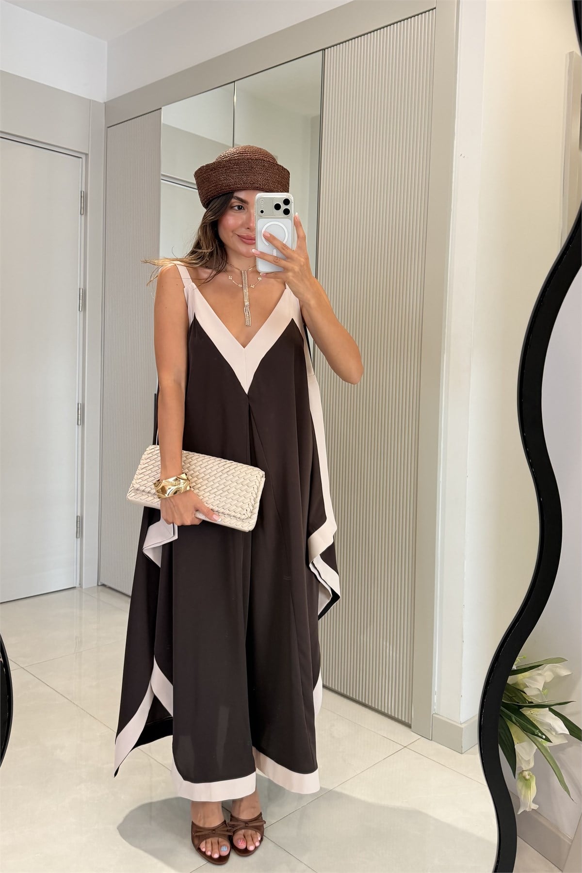 Foldie Acı Kahve Kontrast Dökümlü Elbise