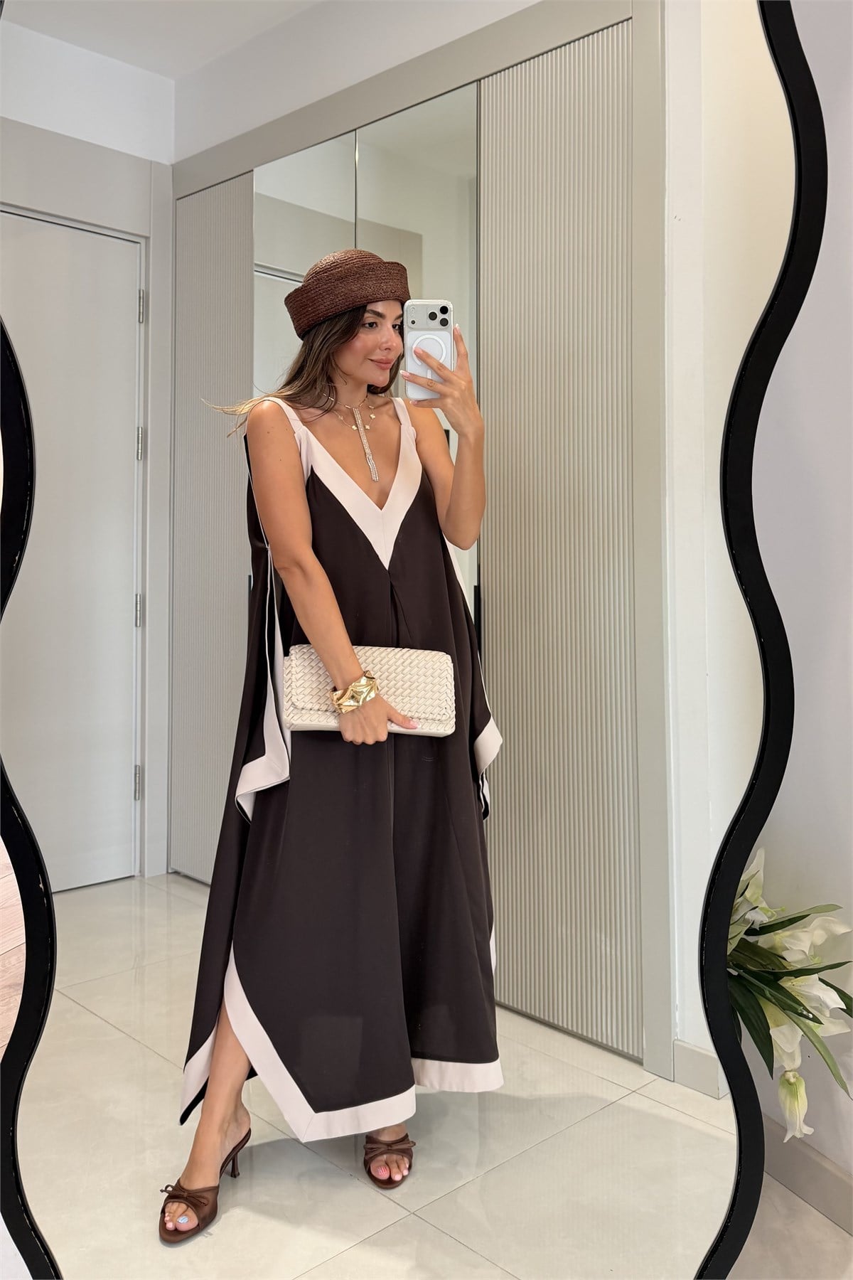 Foldie Acı Kahve Kontrast Dökümlü Elbise