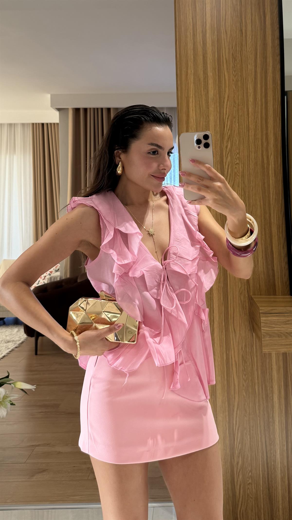 Fontane Pembe Kolsuz Fırfırlı Tensel Gömlek 