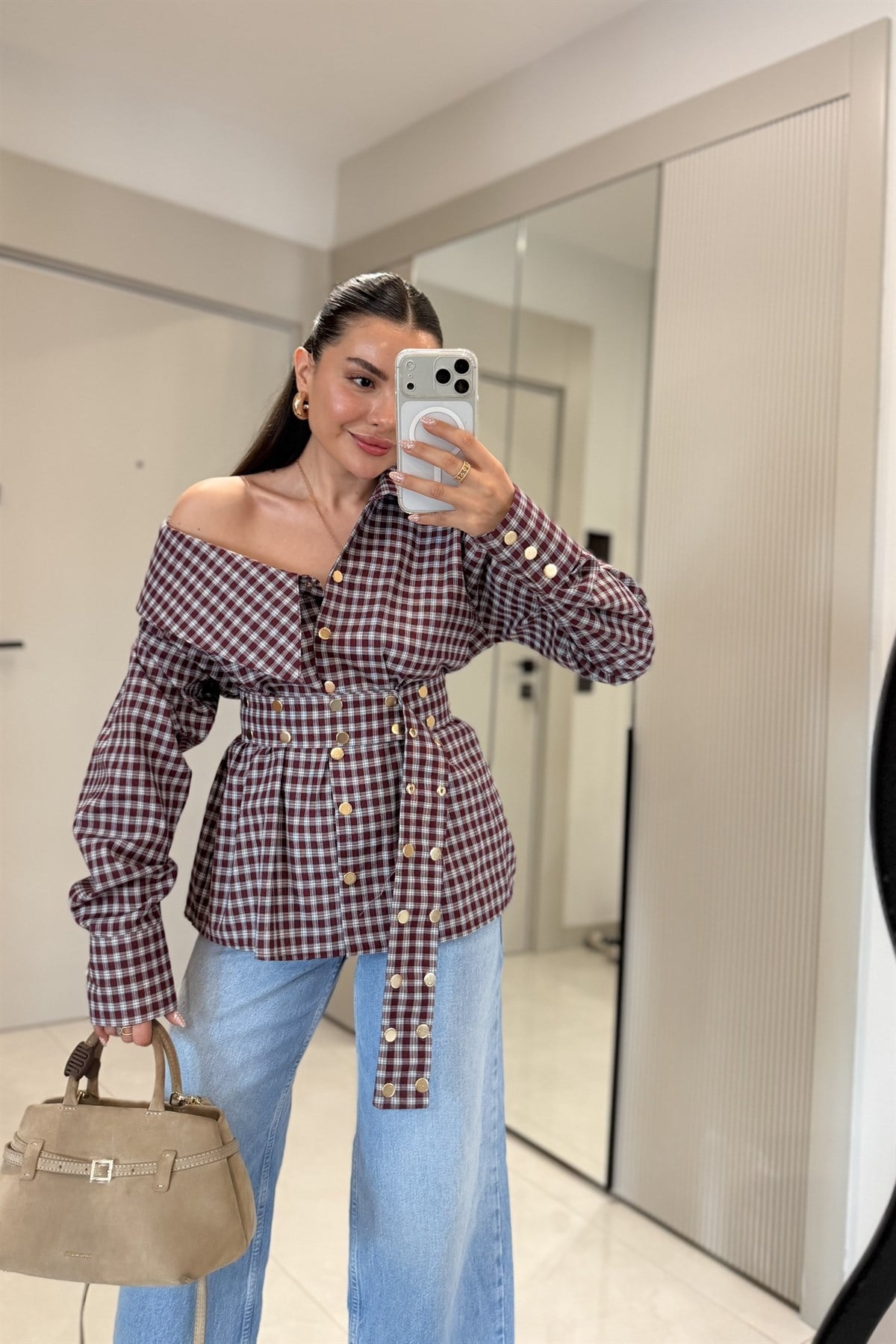 Fontune Bordo Ekose Zımbalı Tasarım Gömlek