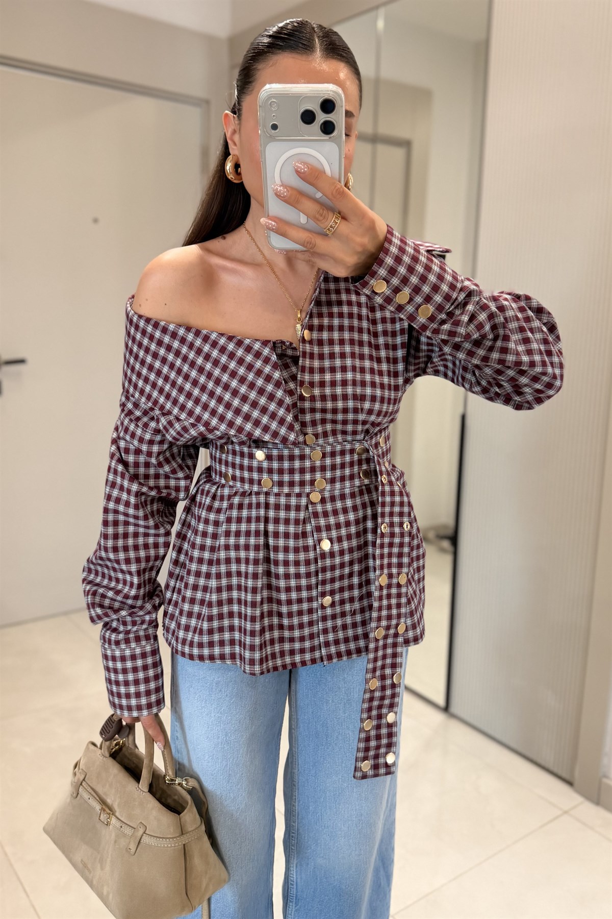 Fontune Bordo Ekose Zımbalı Tasarım Gömlek