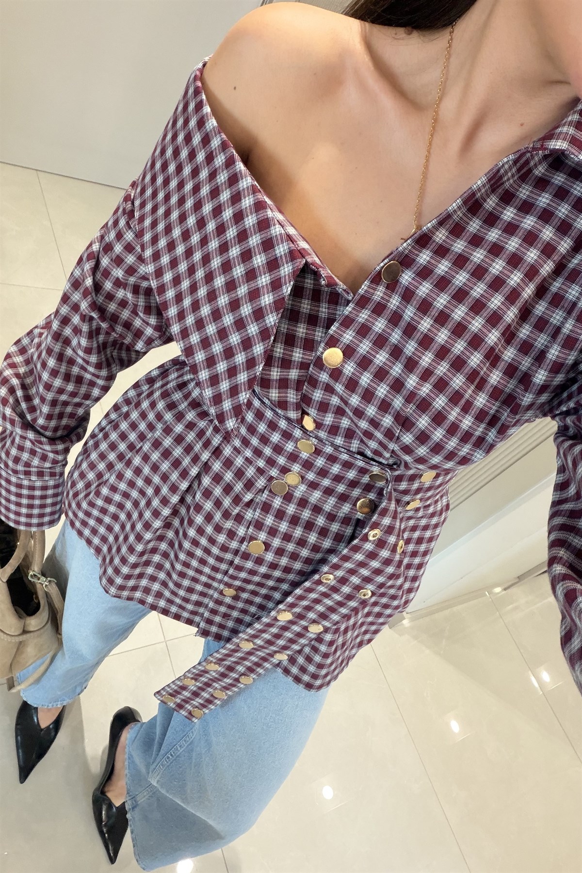 Fontune Bordo Ekose Zımbalı Tasarım Gömlek