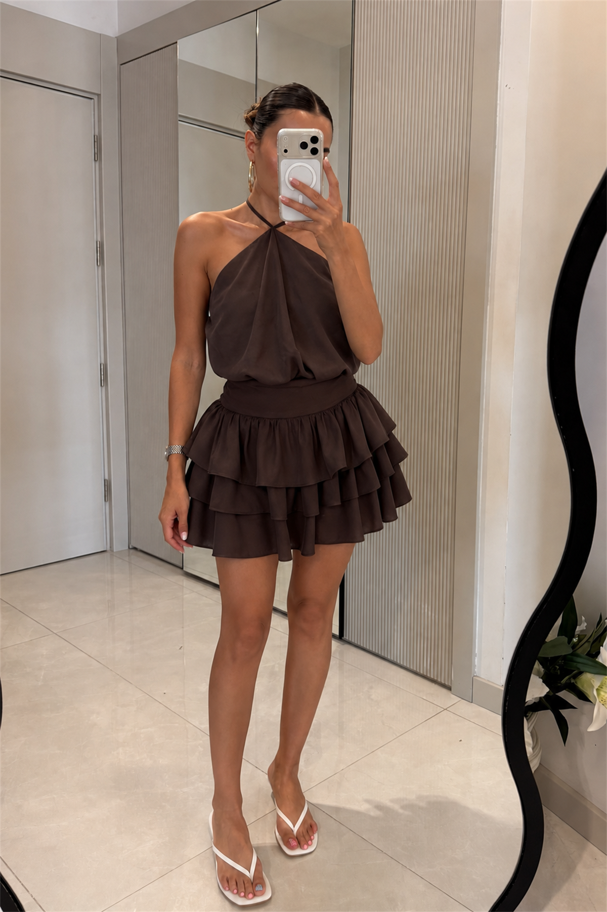 Fortillow Kahve Kat Kat Boyundan Bağlamalı Mini Elbise