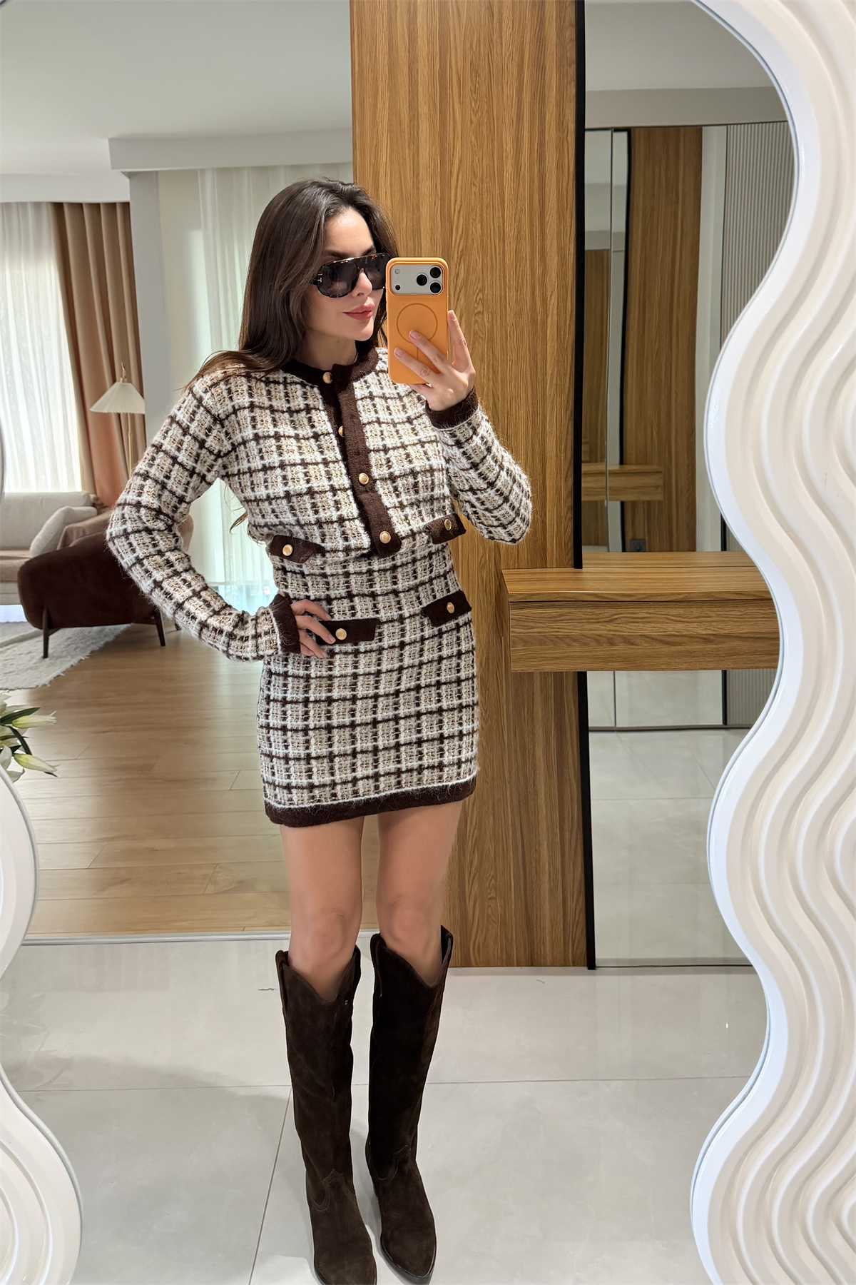 Foster Kahve Kareli Hırka Etek Yumoş Takım