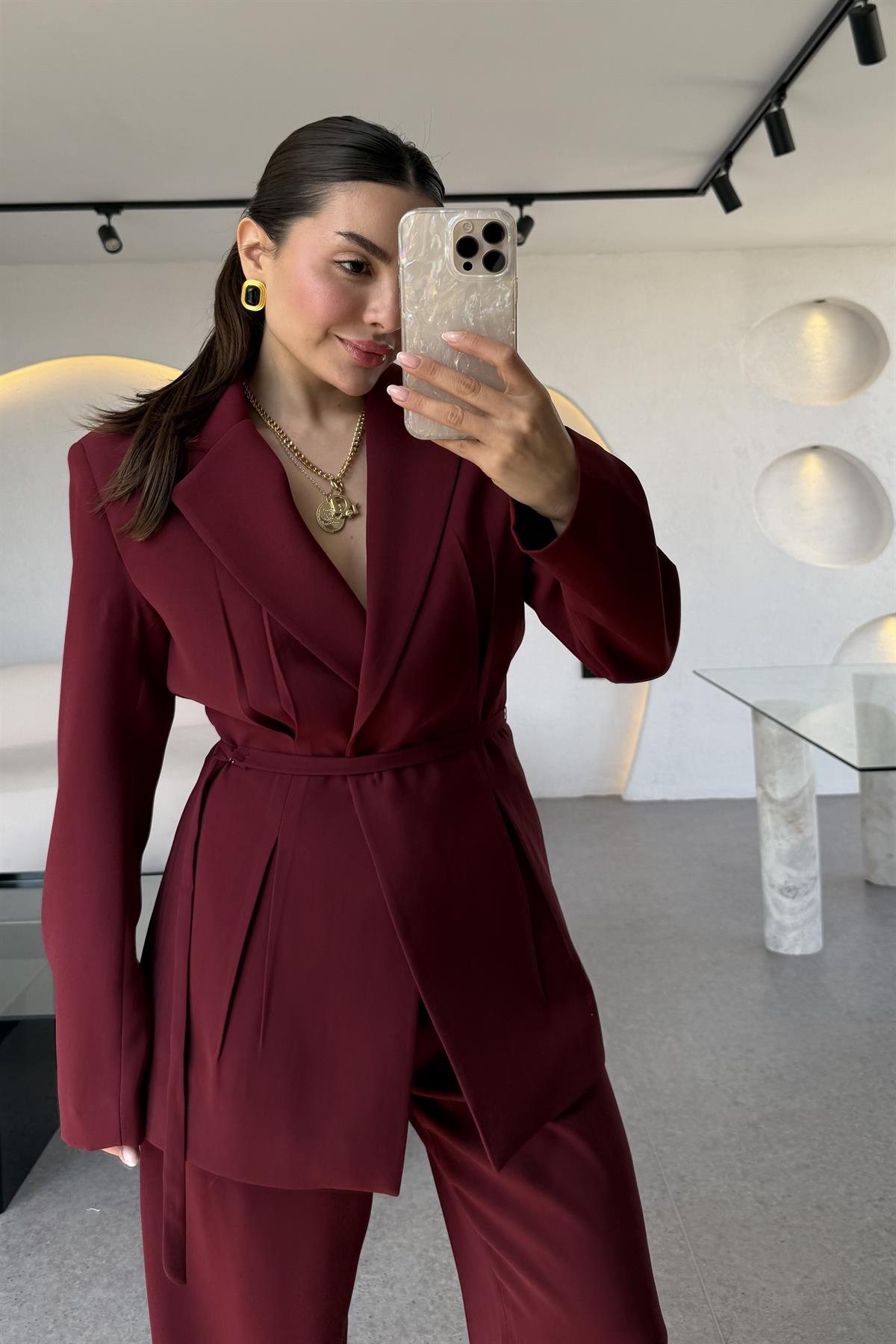Frand Bordo Premium Krep Kuşaklı Blazer 