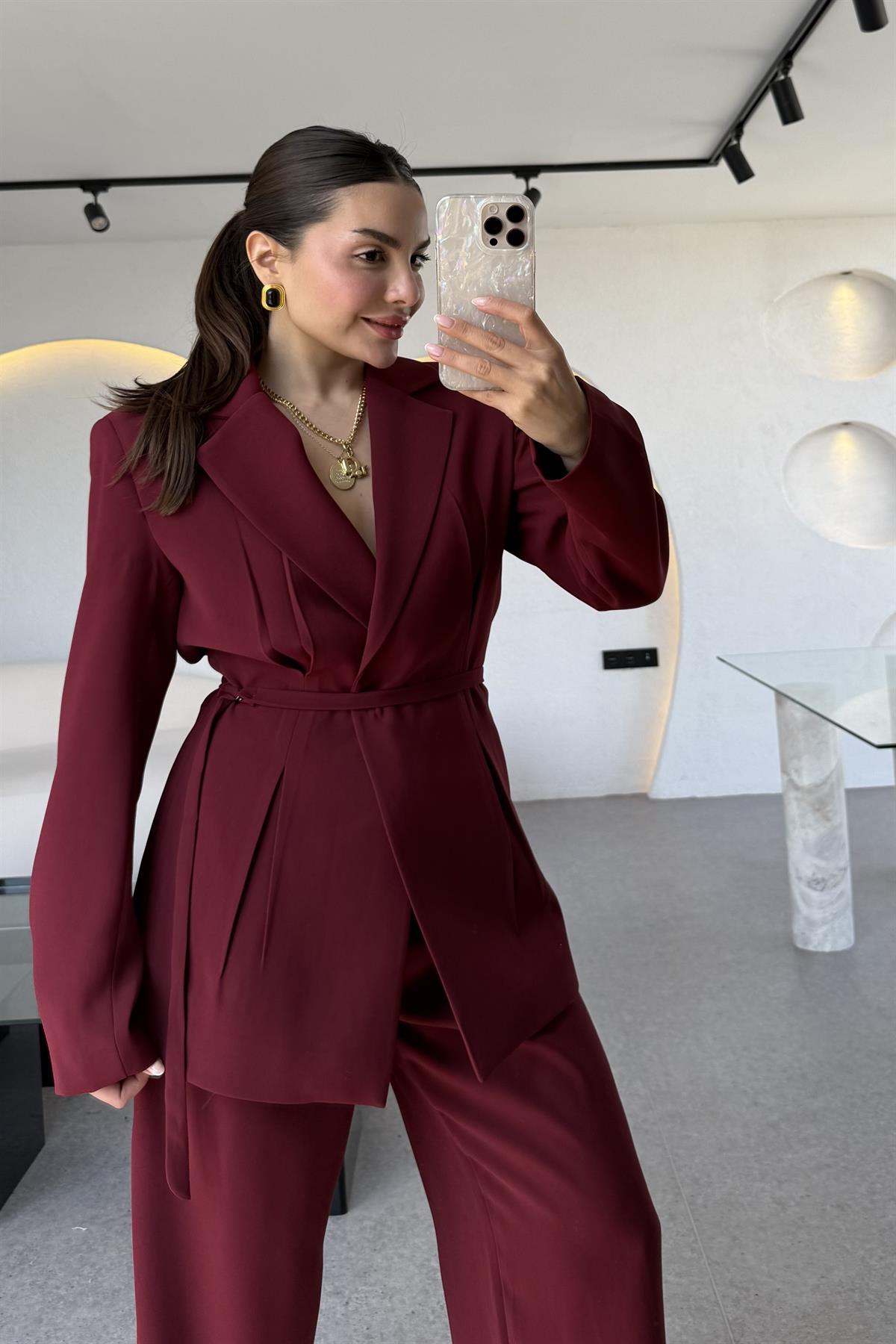 Frand Bordo Premium Krep Kuşaklı Blazer 