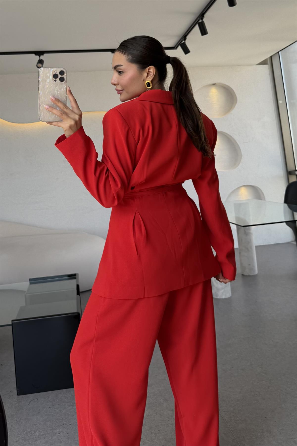 Frand Kırmızı Premium Krep Kuşaklı Blazer 