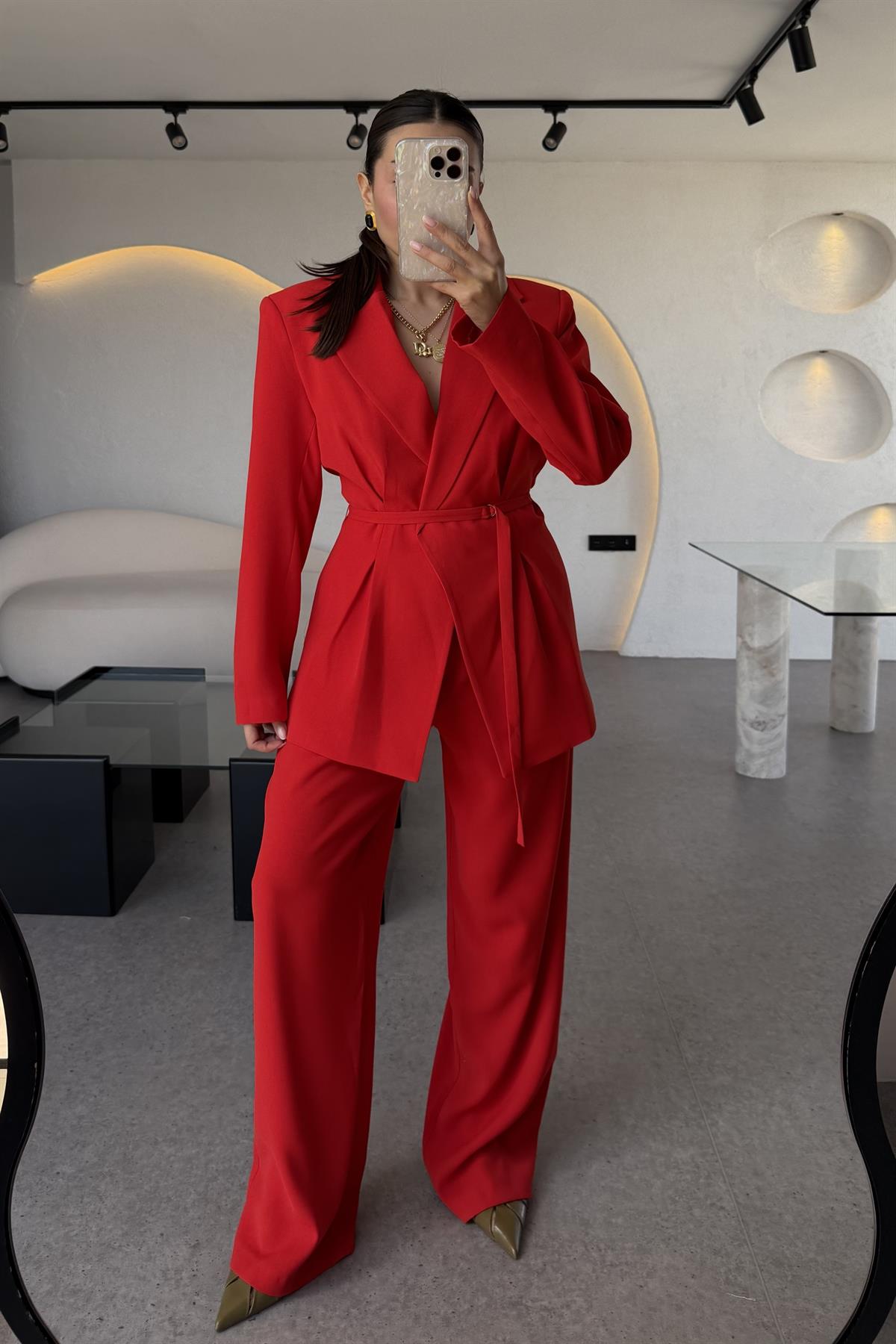 Frand Kırmızı Premium Krep Kuşaklı Blazer 