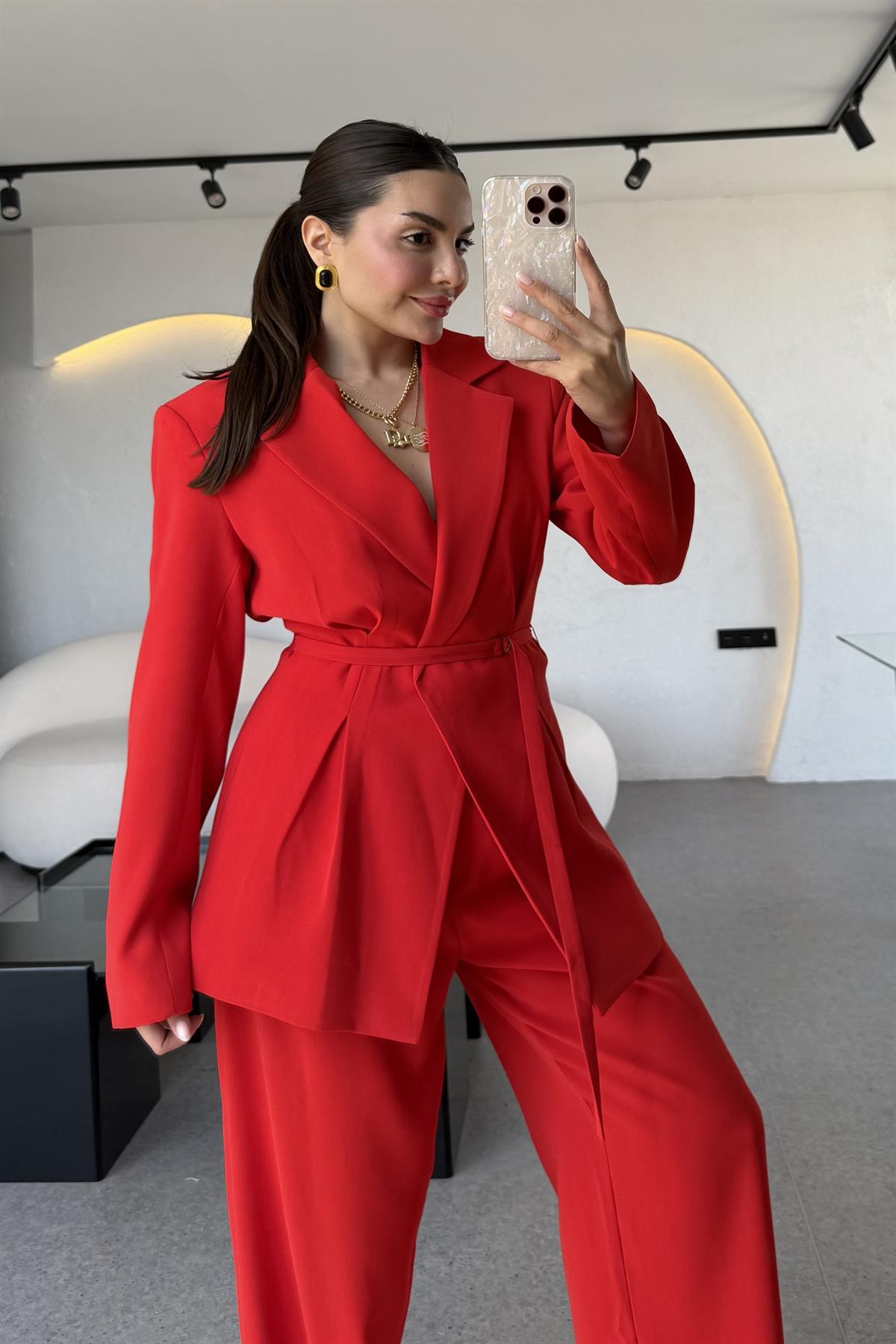 Frand Kırmızı Premium Krep Kuşaklı Blazer 