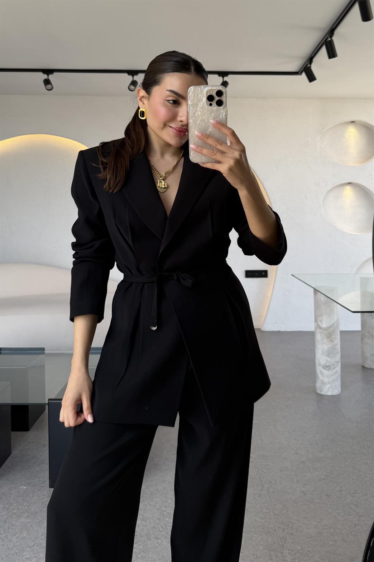 Frand Siyah Premium Krep Kuşaklı Blazer 