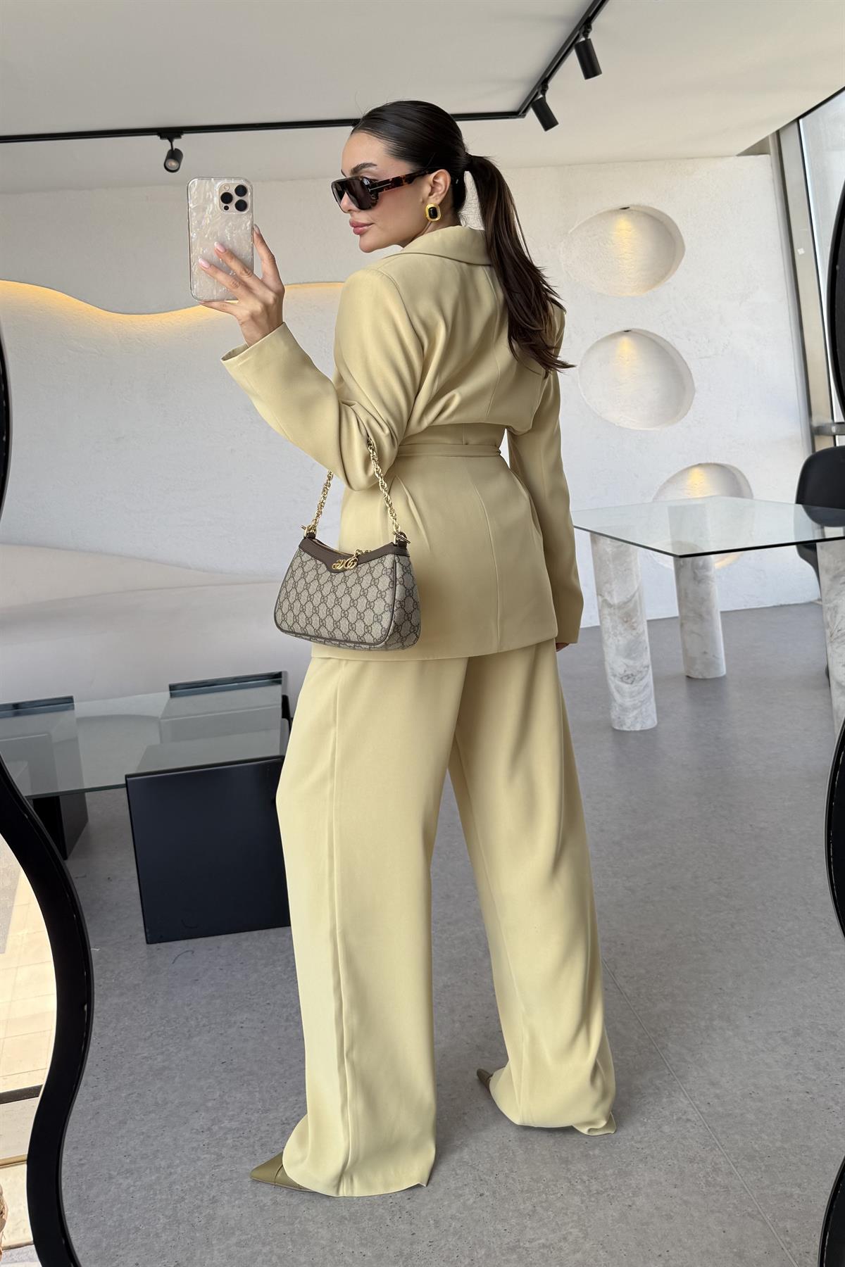 Frand Açık Sarı Rengi Premium Krep Kuşaklı Blazer 