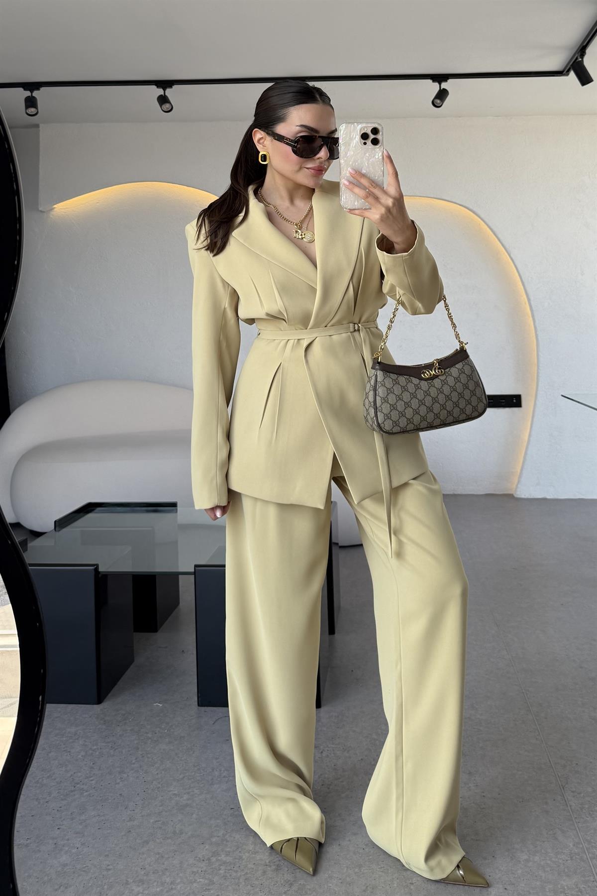 Frand Açık Sarı Rengi Premium Krep Kuşaklı Blazer 