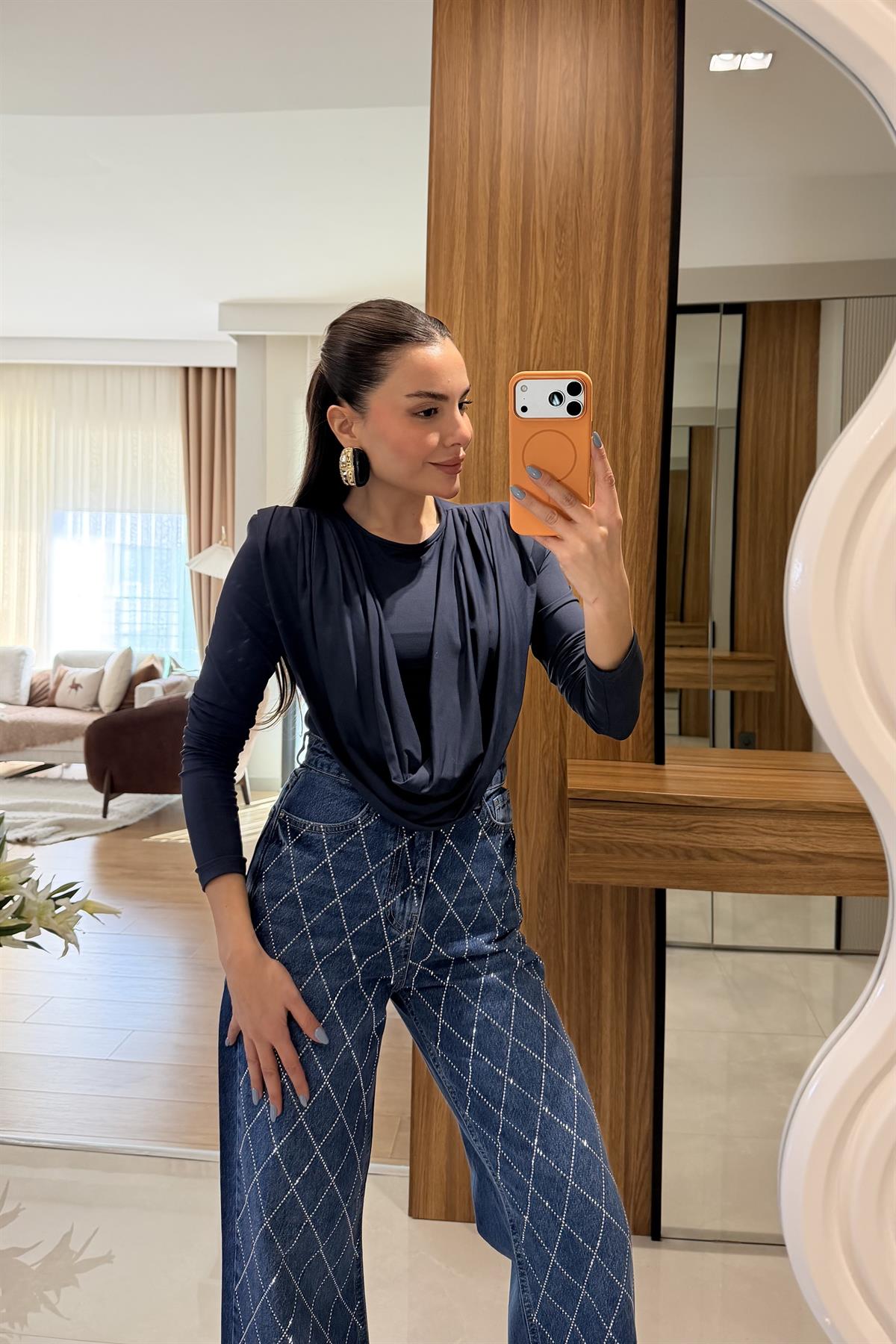 Franke Lacivert Vatkalı Dökümlü Bluz