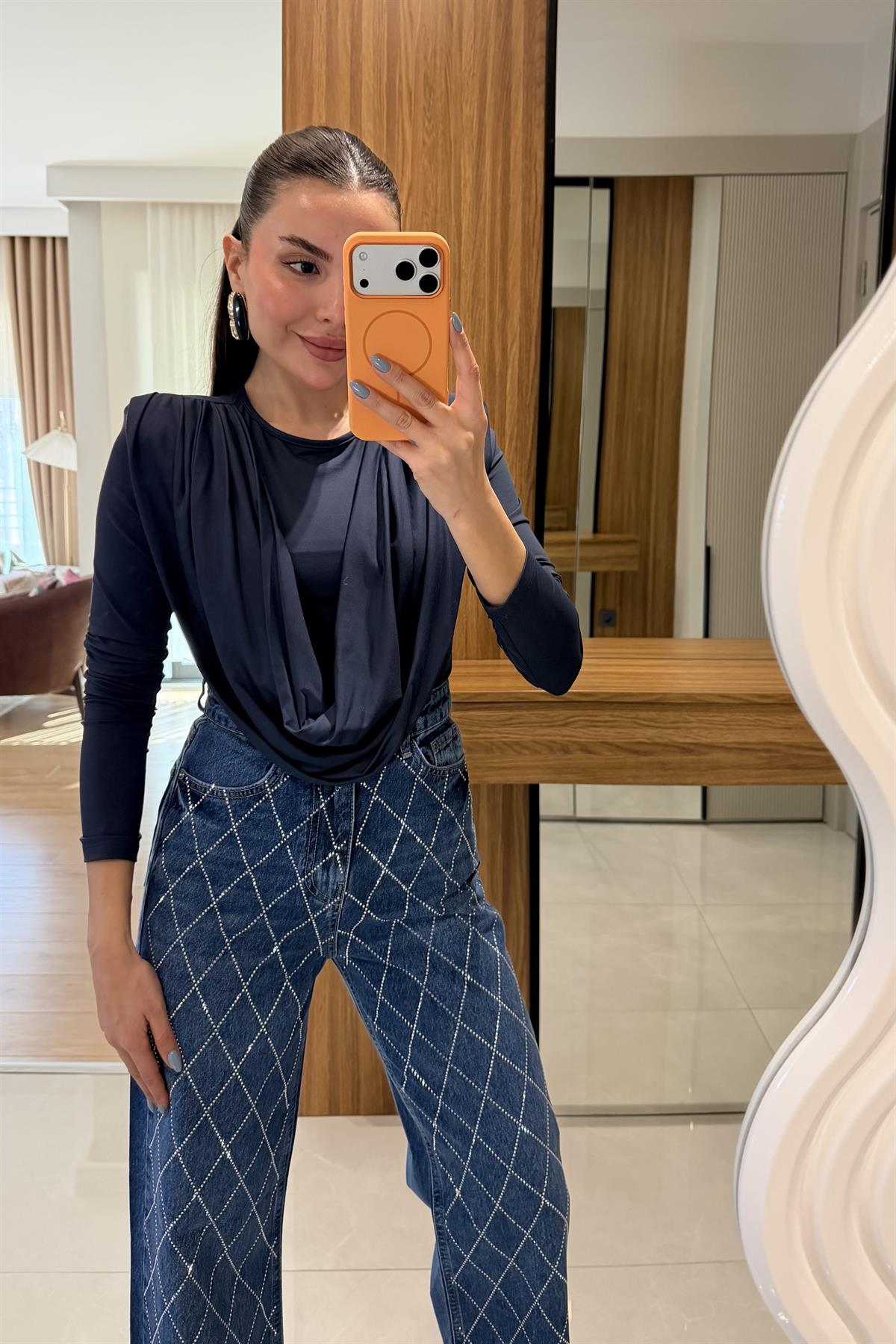 Franke Lacivert Vatkalı Dökümlü Bluz