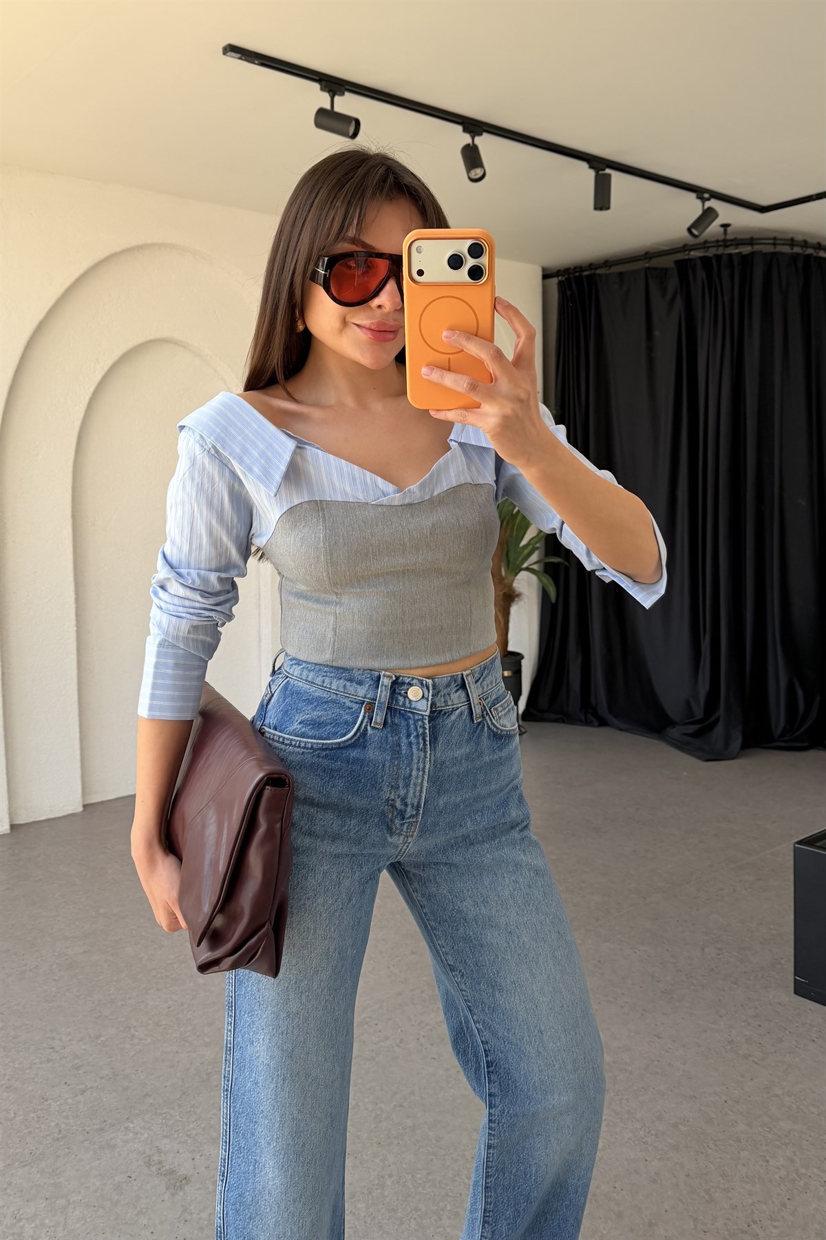 Frans Gri Kontrast Büstiyer Garnili Gömlek