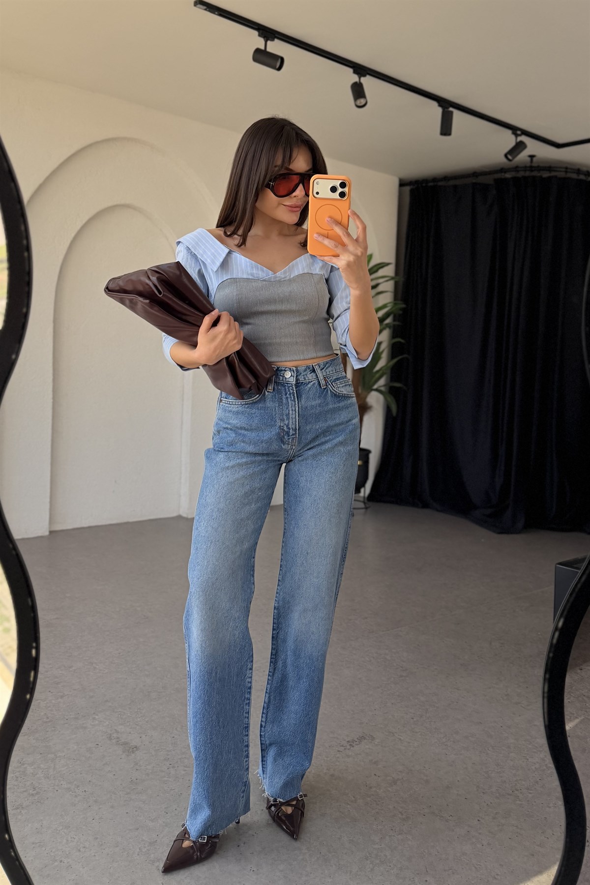 Frans Gri Kontrast Büstiyer Garnili Gömlek