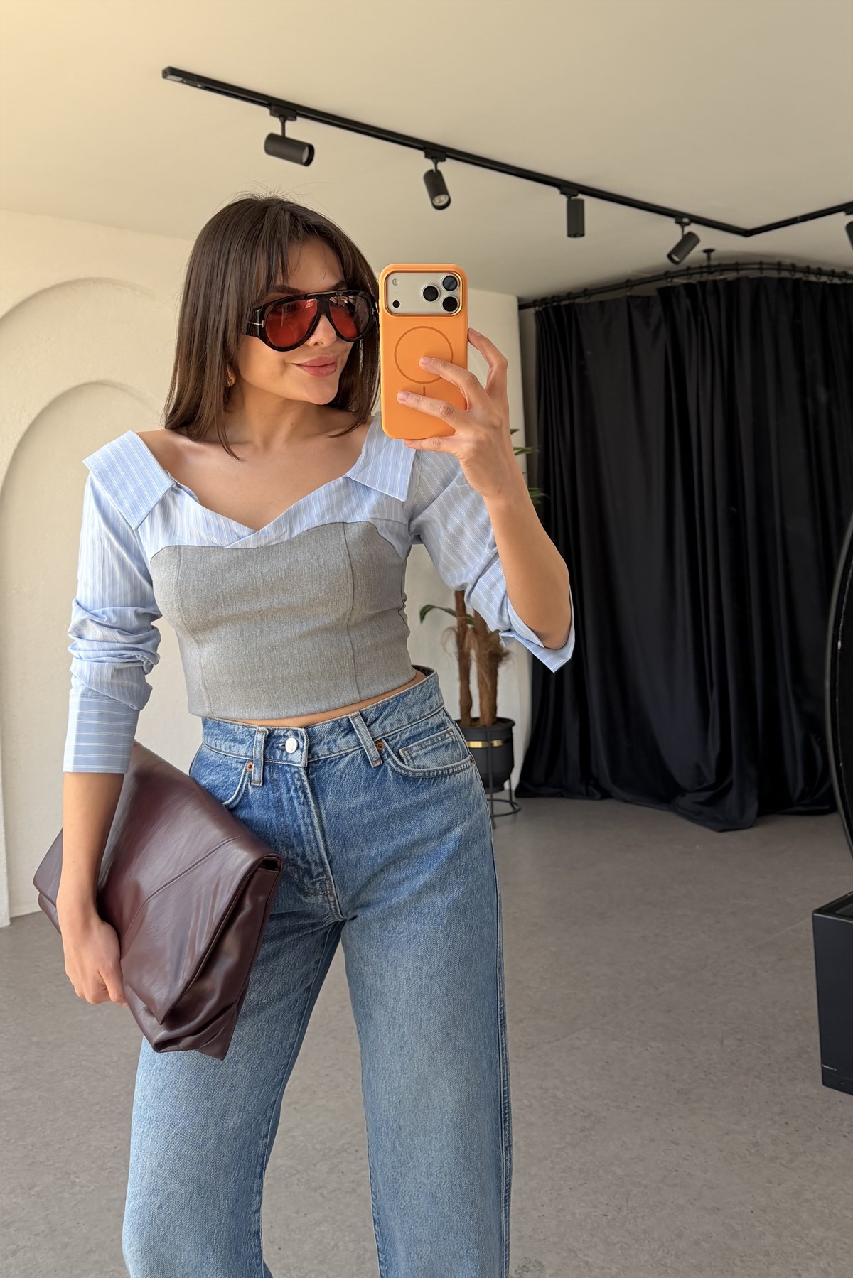 Frans Gri Kontrast Büstiyer Garnili Gömlek