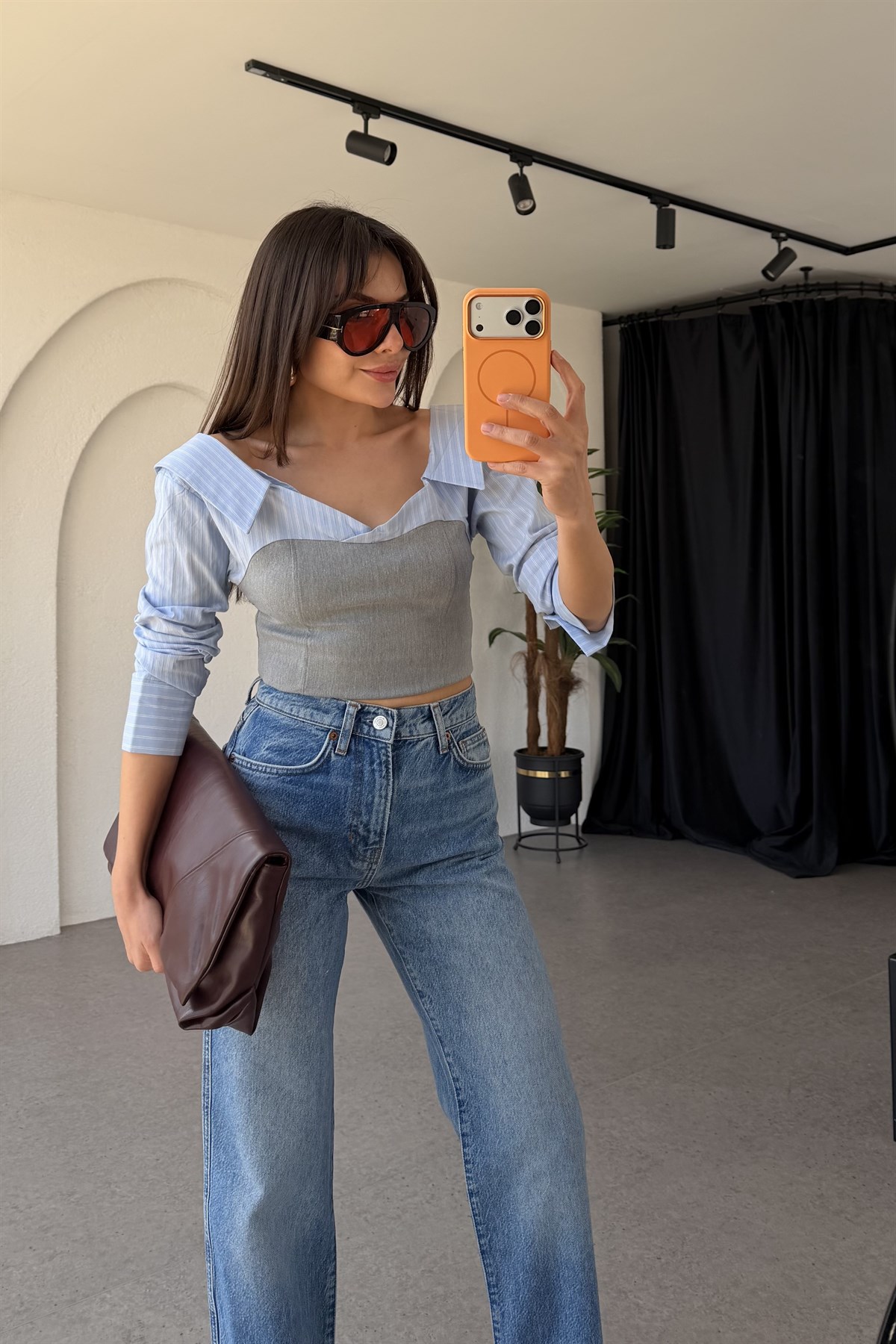 Frans Gri Kontrast Büstiyer Garnili Gömlek