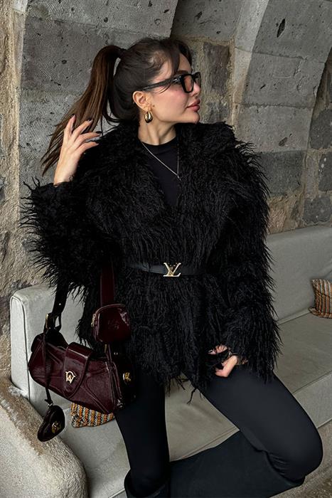 Franziska Kabarık Tüylü Siyah Kürk