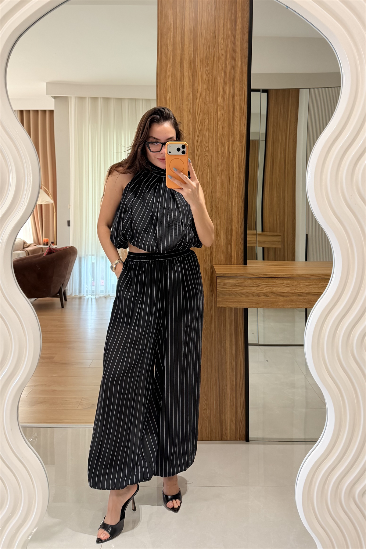 Frega Siyah Çizgili Balon Fit Pantolon 