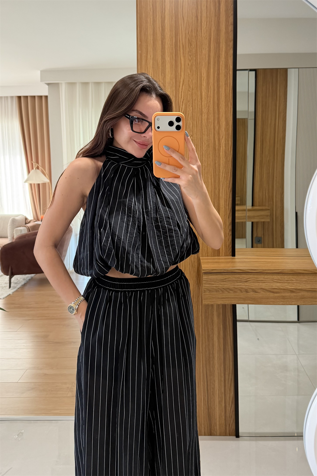 Frega Siyah Çizgili Balon Fit Pantolon 