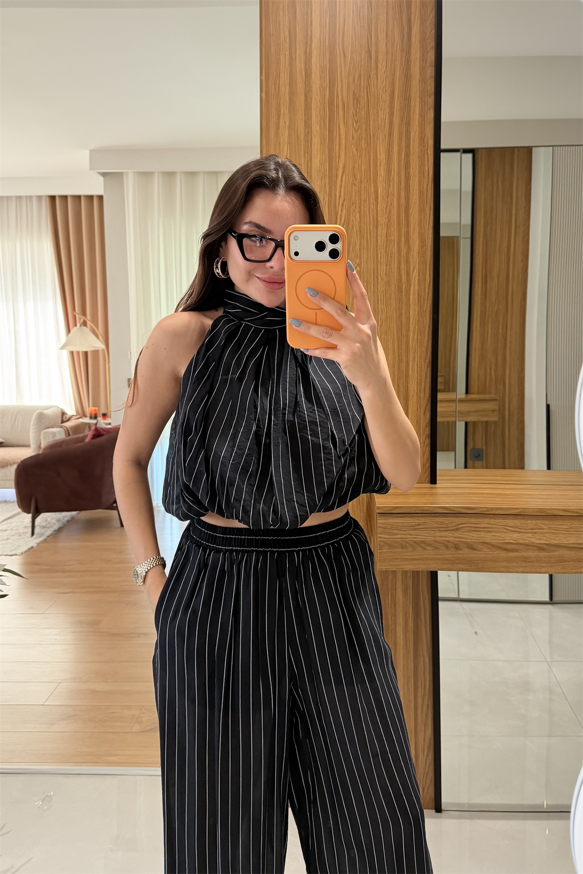 Frega Siyah Çizgili Balon Fit Pantolon 