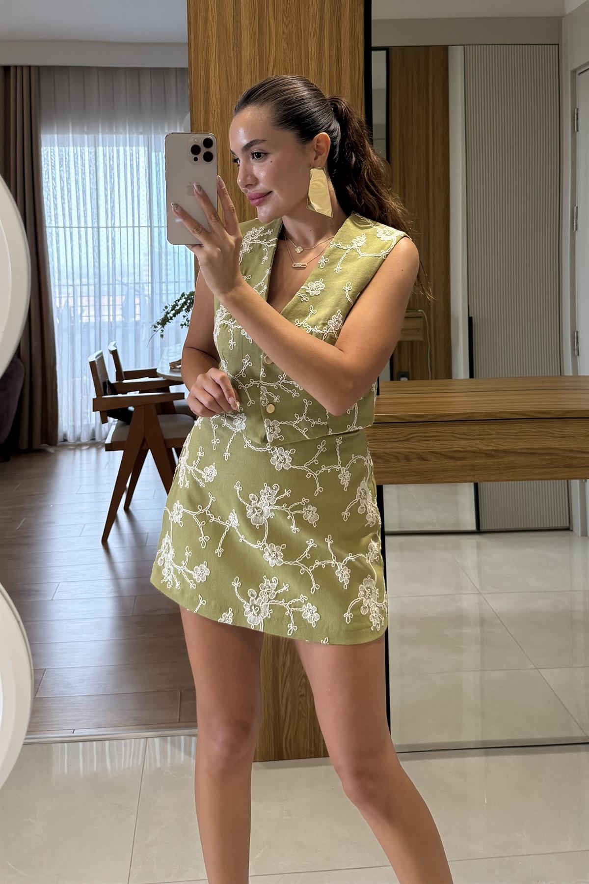 Frenchie Haki Nakışlı Şort takım