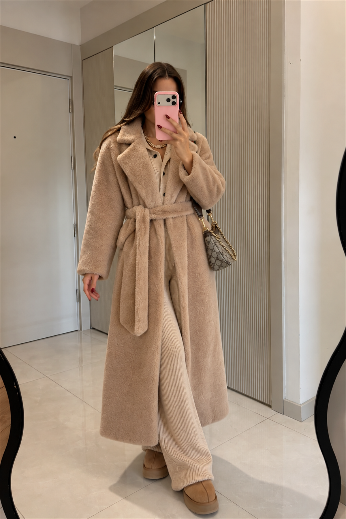 Frida Koyu Bej Peluş Kuşaklı Kaban