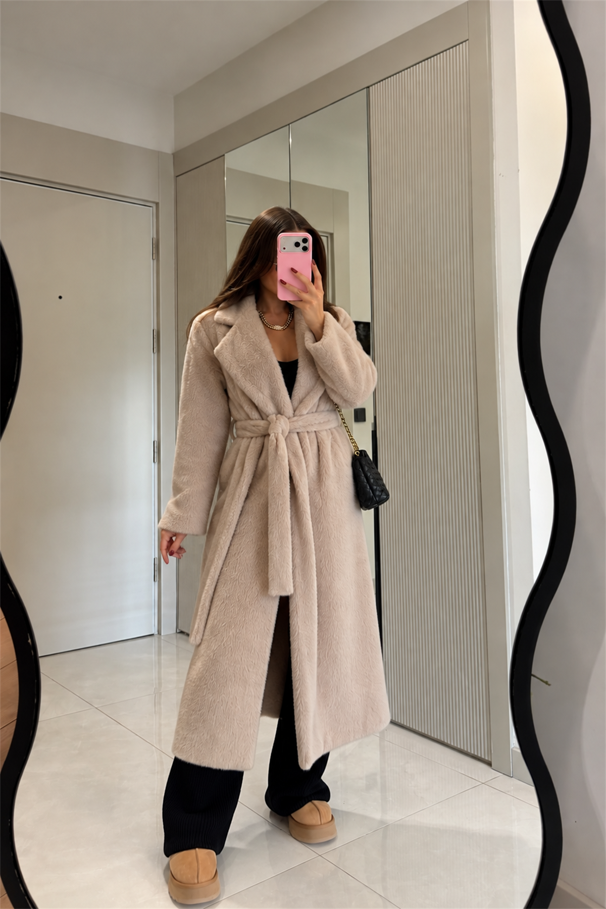 Frida Krem Peluş Kuşaklı Kaban