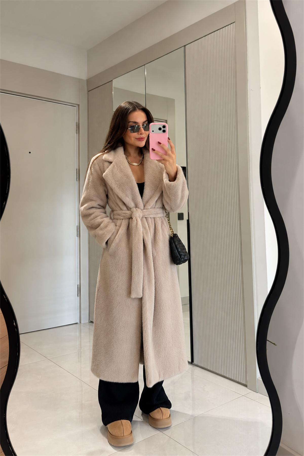Frida Krem Peluş Kuşaklı Kaban