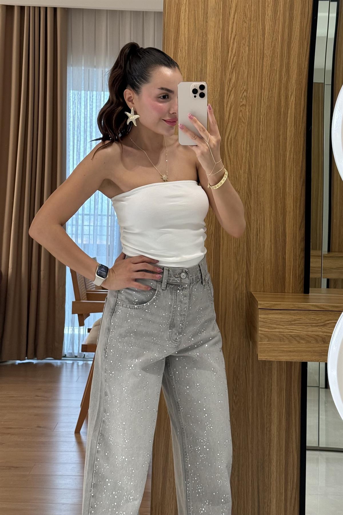 Frieda Beyaz Straplez Drapeli Crop
